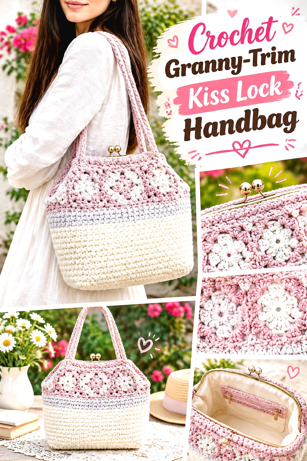 Crochet Granny Trim Kiss Lock Handbag