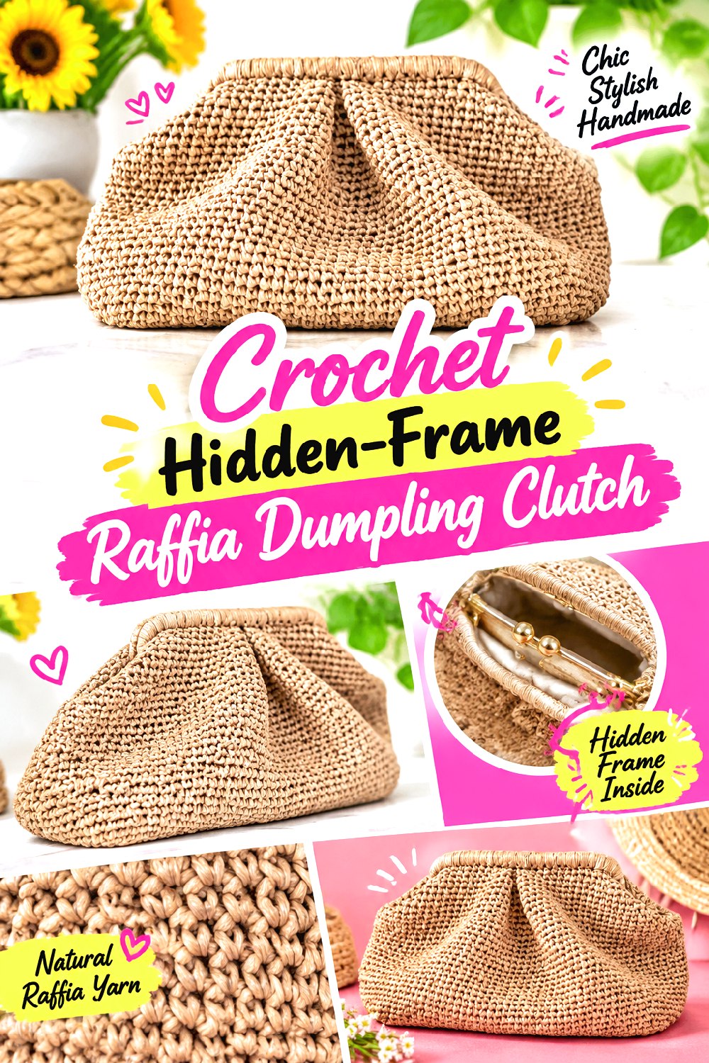 Crochet Hidden Frame Raffia Dumpling Clutch