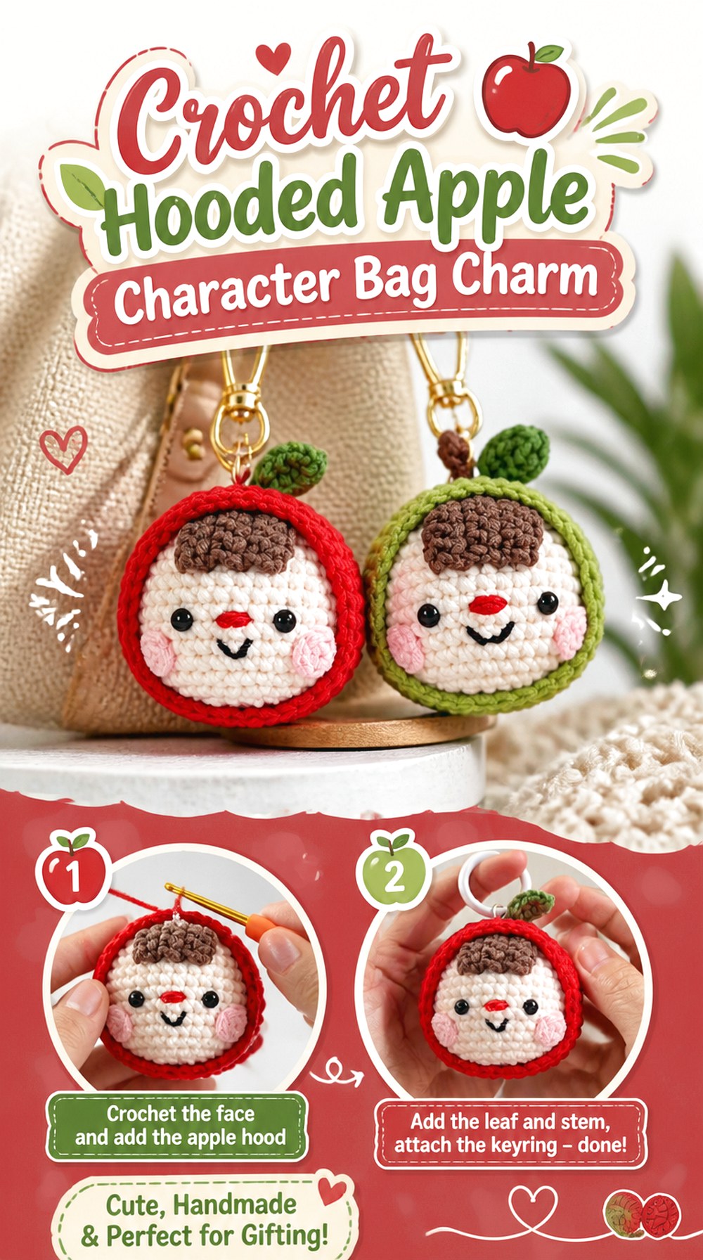 Crochet Hooded Apple Character Bag Charm