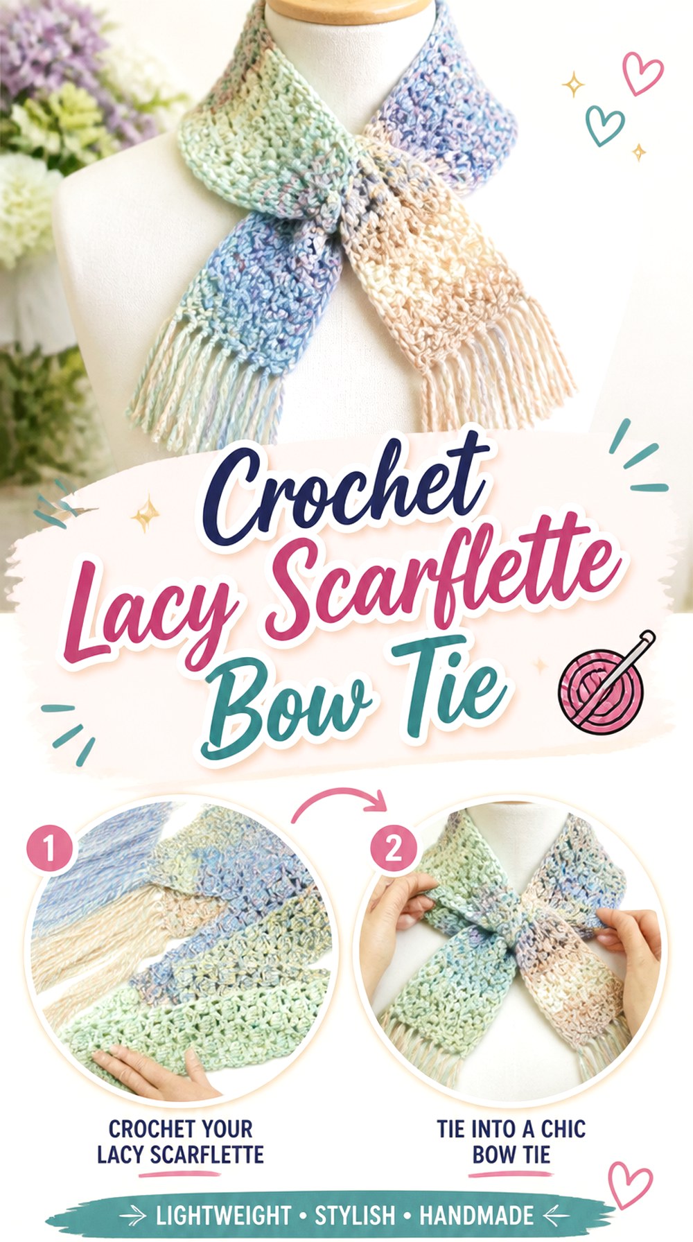 Crochet Lacy Scarflette Bow Tie