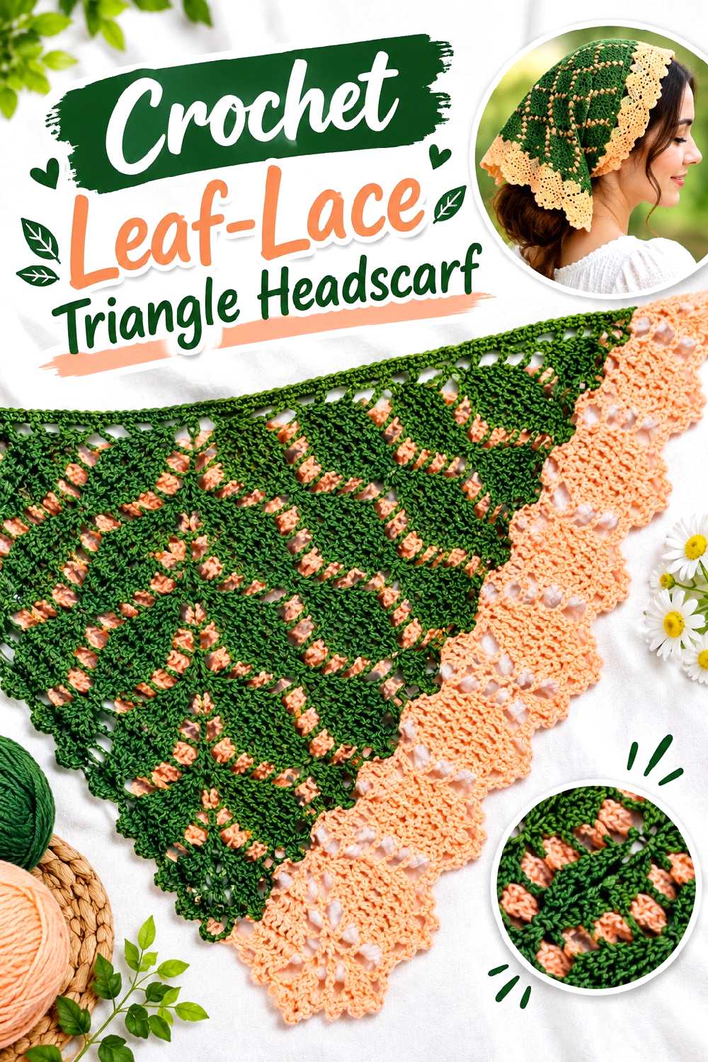 1. Crochet Leaf Lace Triangle Headscarf