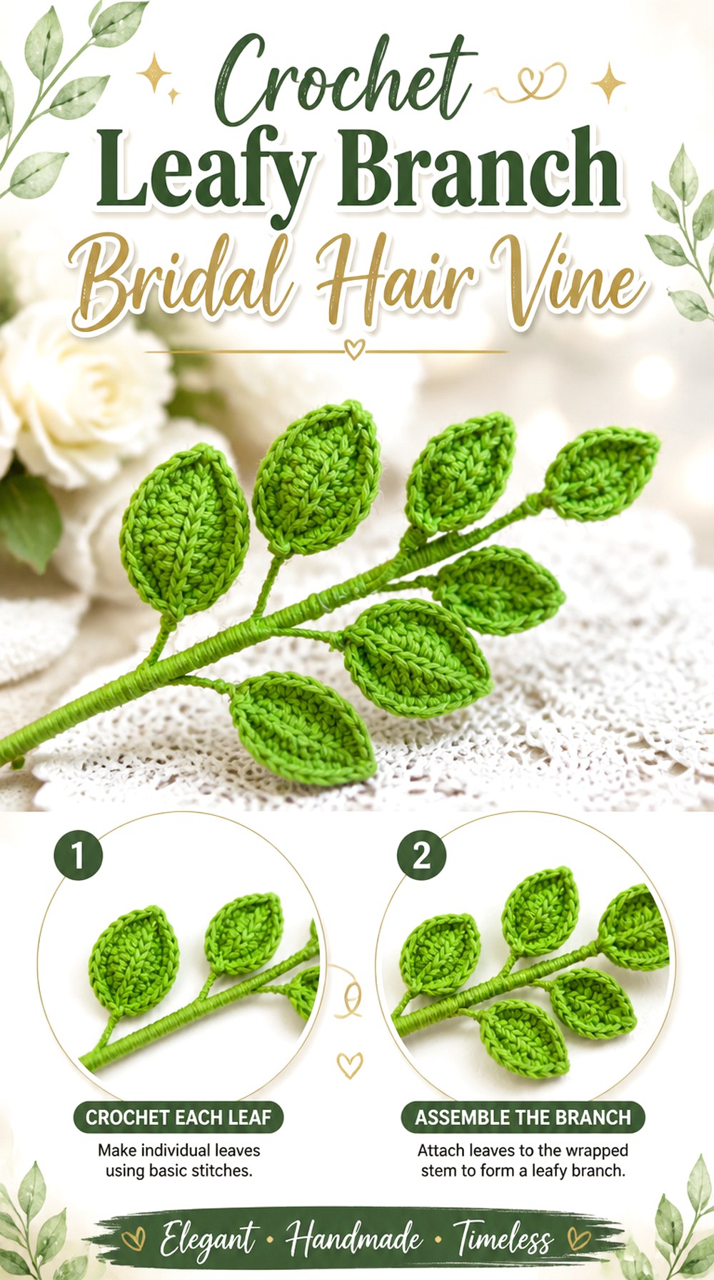 Crochet Leafy Branch Bridal Hair Vine