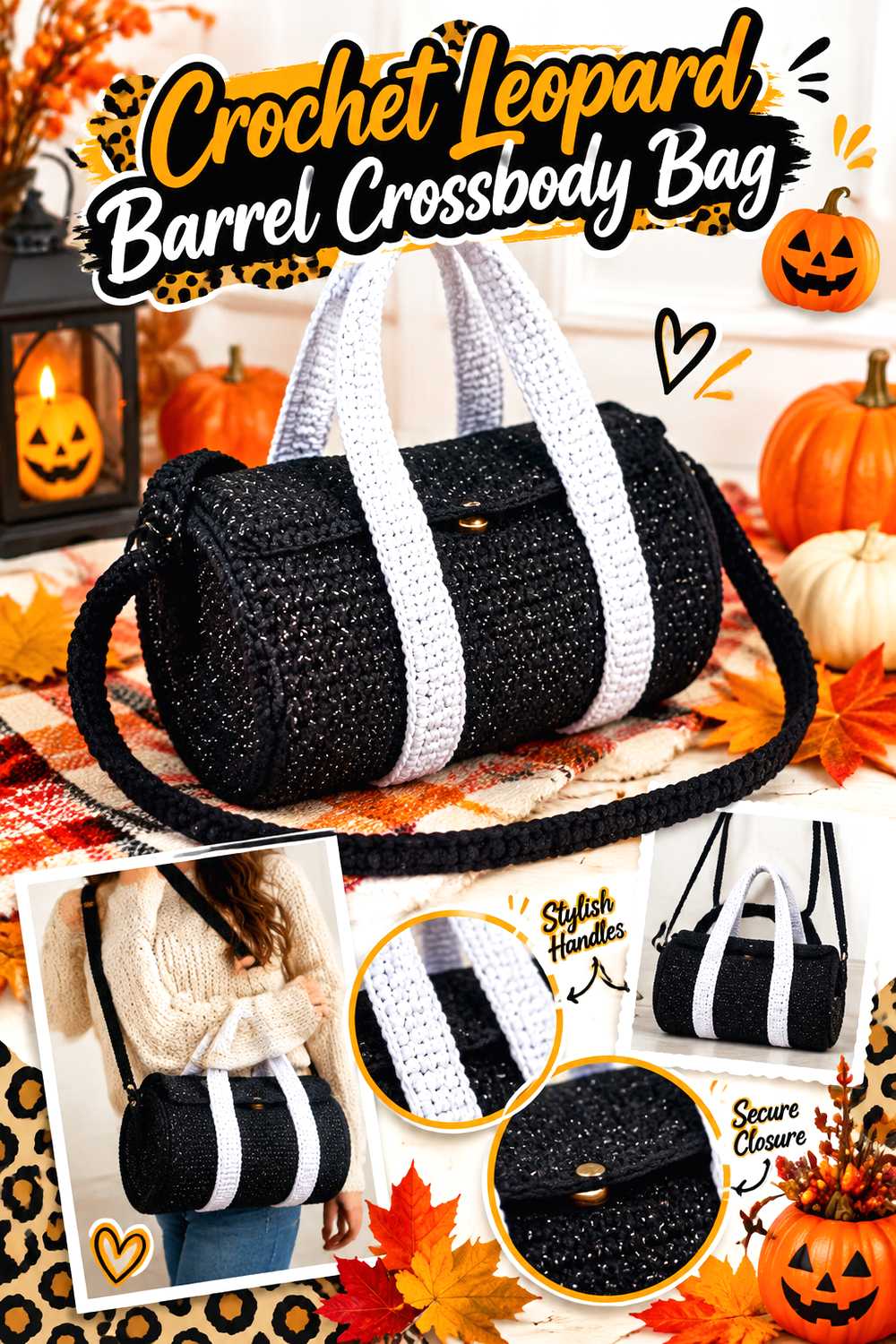 Crochet Leopard Barrel Crossbody Bag