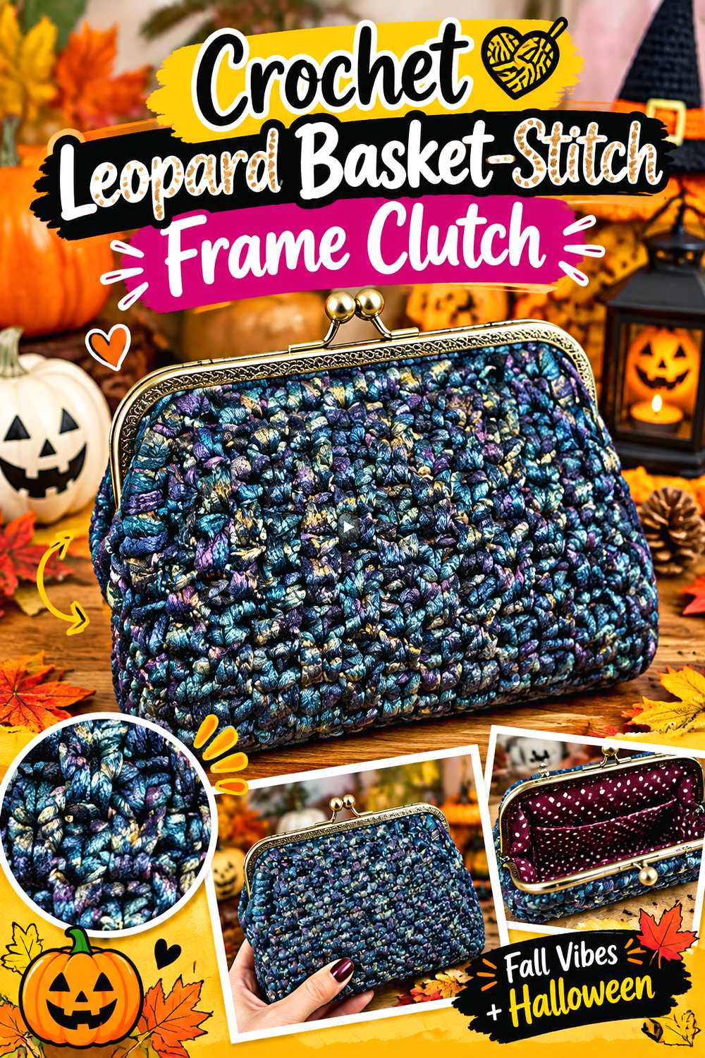 Crochet Leopard Basket Stitch Frame Clutch