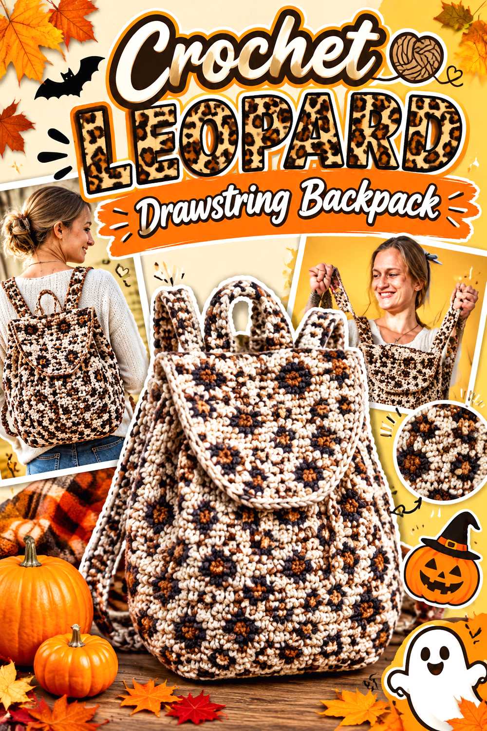 Crochet Leopard Drawstring Backpack