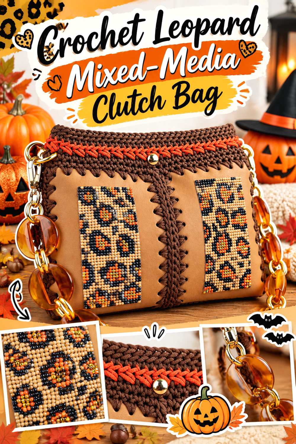 Crochet Leopard Mixed Media Clutch Bag