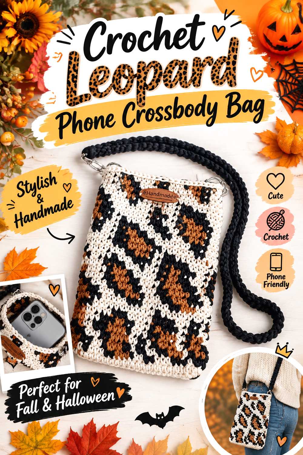 Crochet Leopard Phone Crossbody Bag