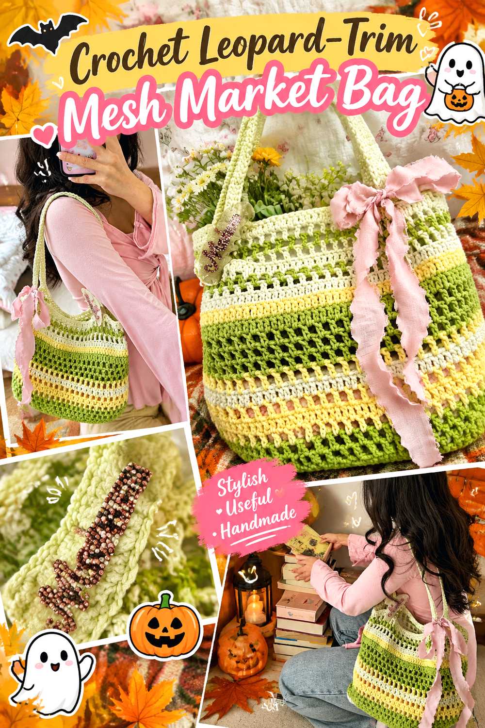 Crochet Leopard Trim Mesh Market Bag