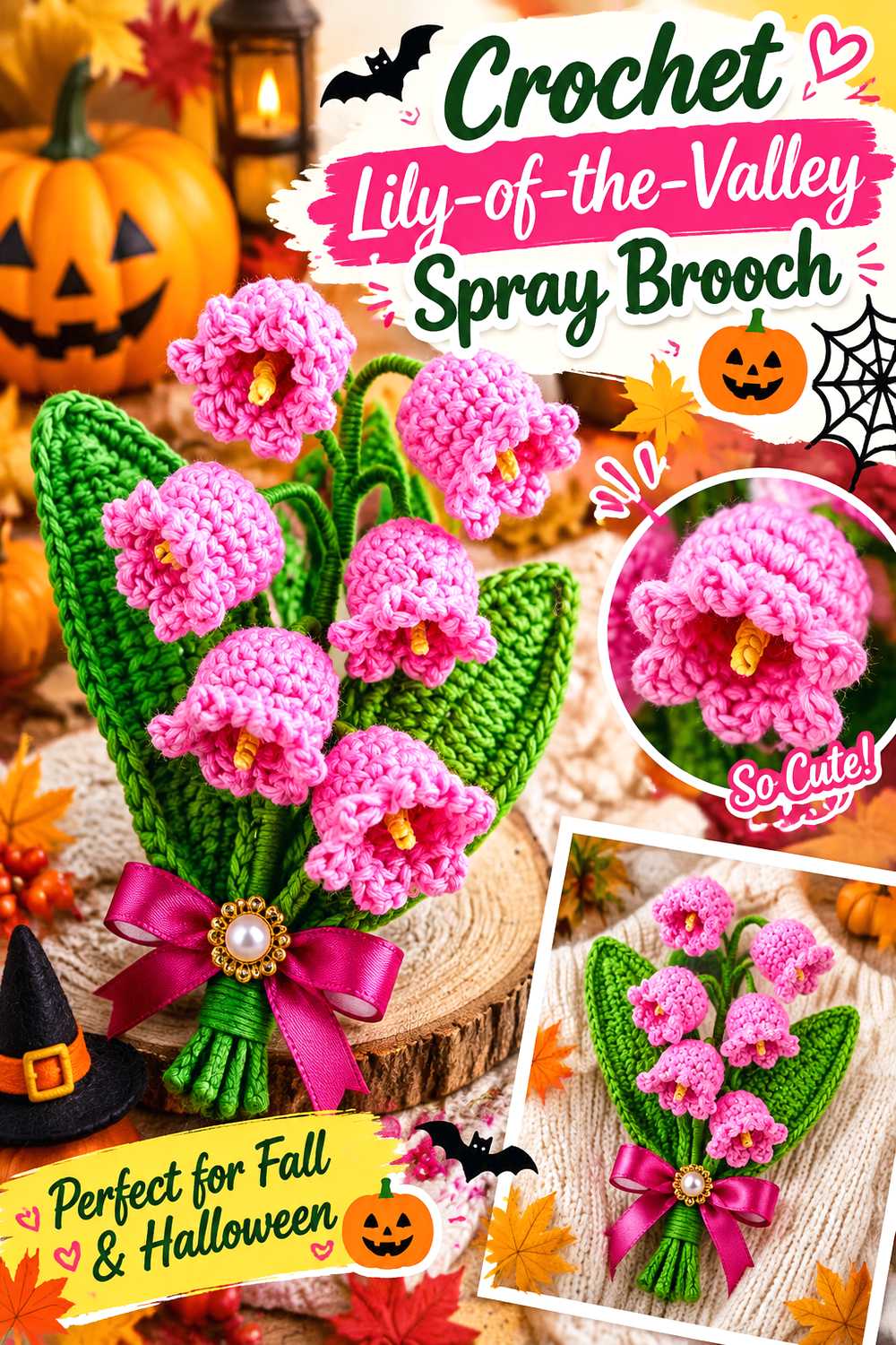 Crochet Lily of the Valley Spray Brooch