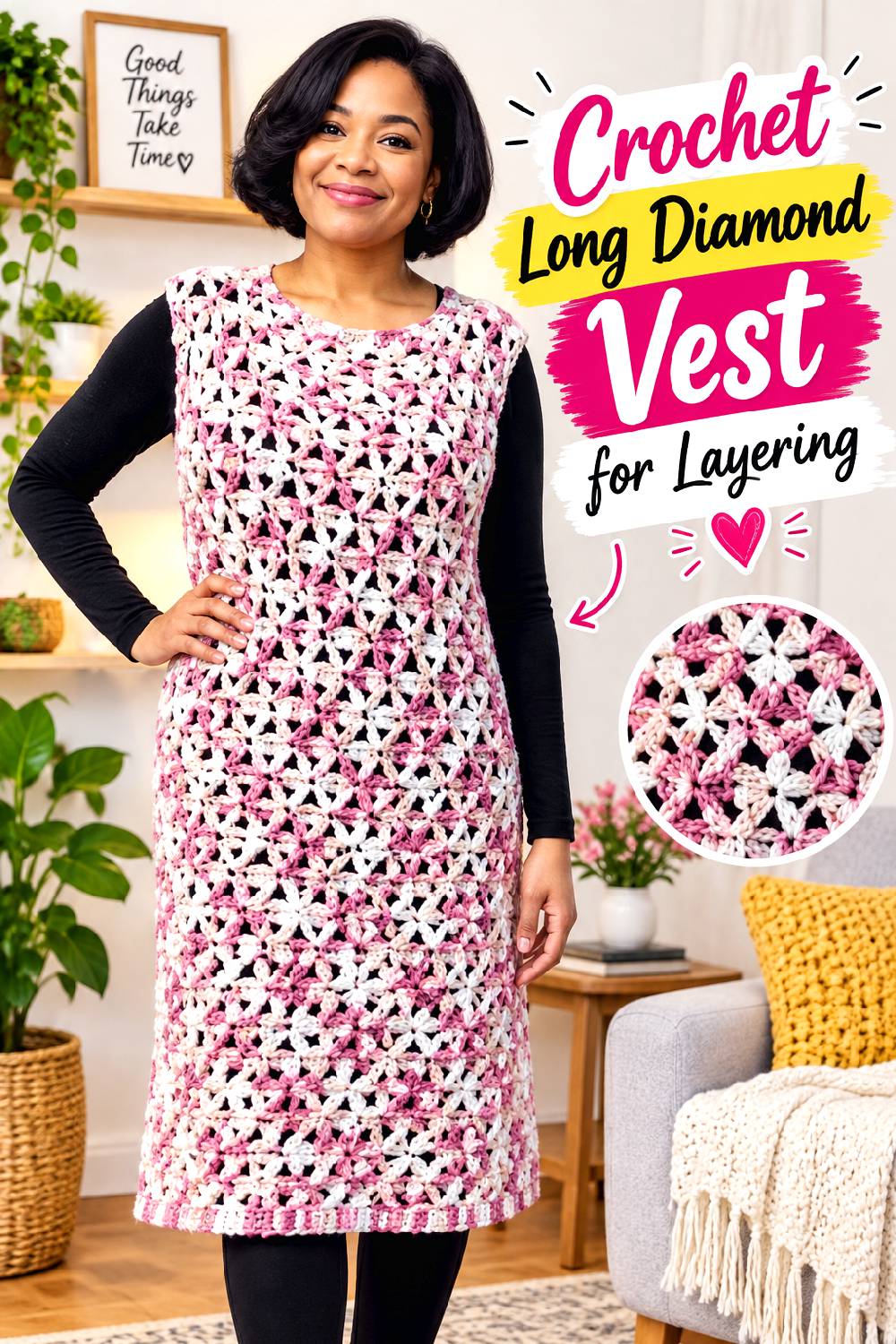 Crochet Long Diamond Vest for Layering