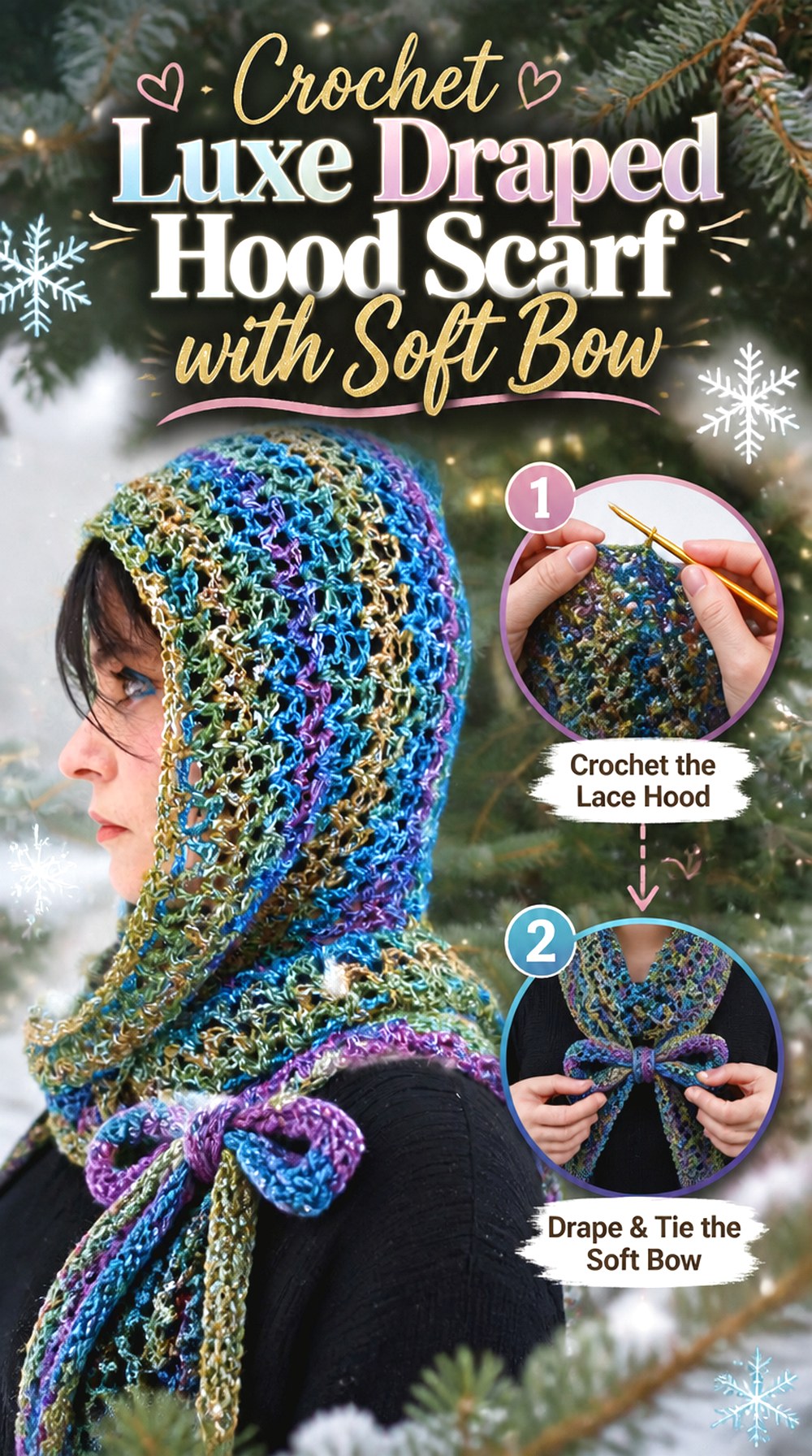 Crochet Luxe Draped Hood Scarf with Soft Bow