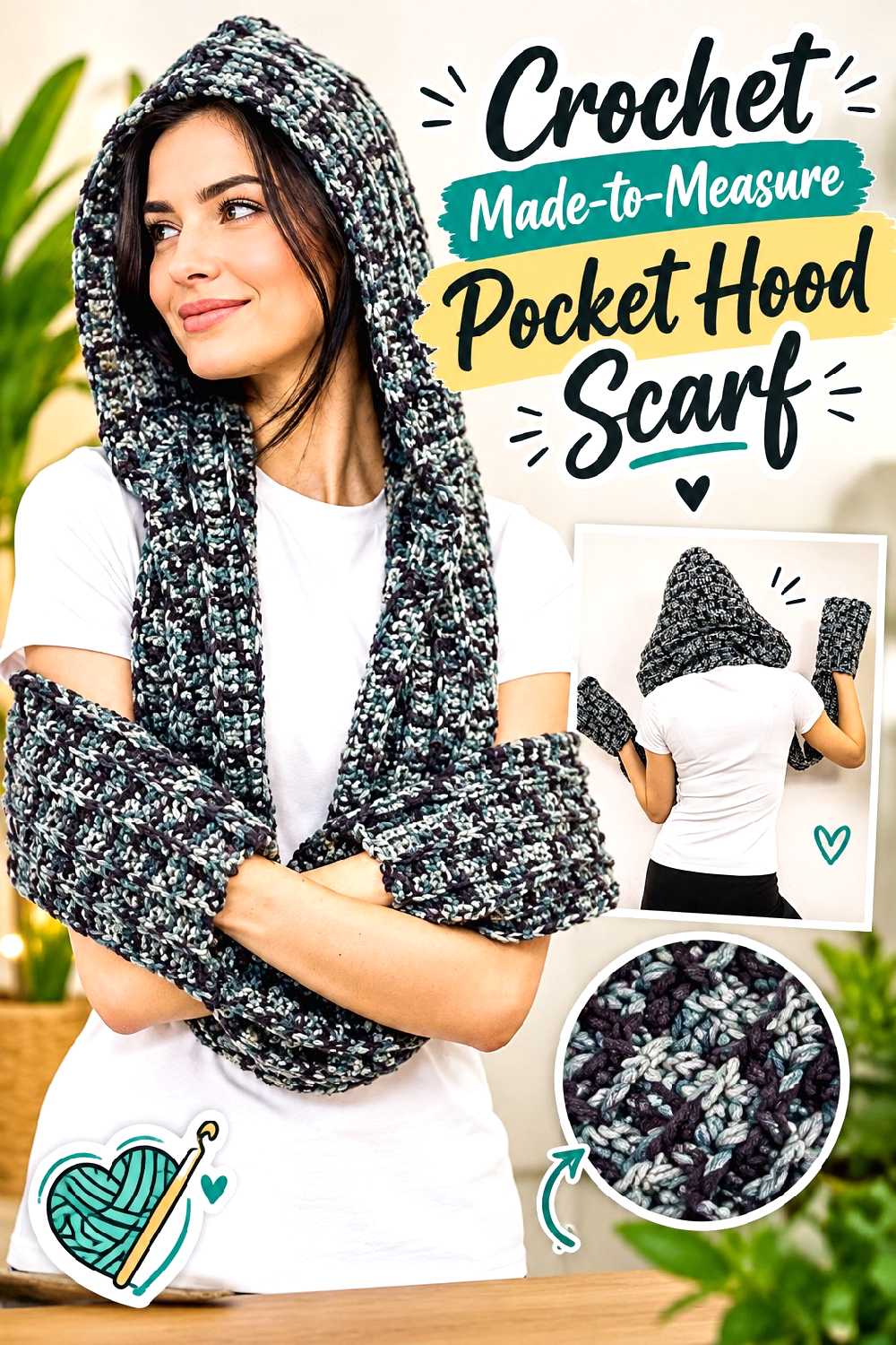 8. Crochet Made To Measure Pocket Hood Scarf