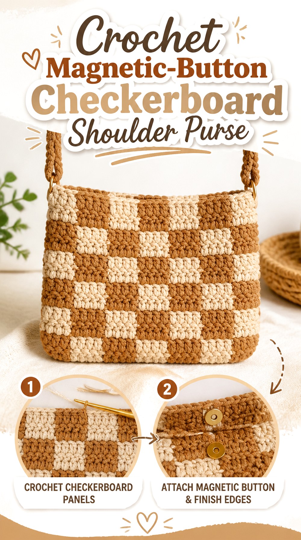 Crochet Magnetic Button Checkerboard Shoulder Purse