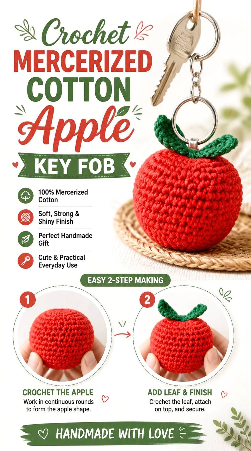 Crochet Mercerized Cotton Apple Key Fob