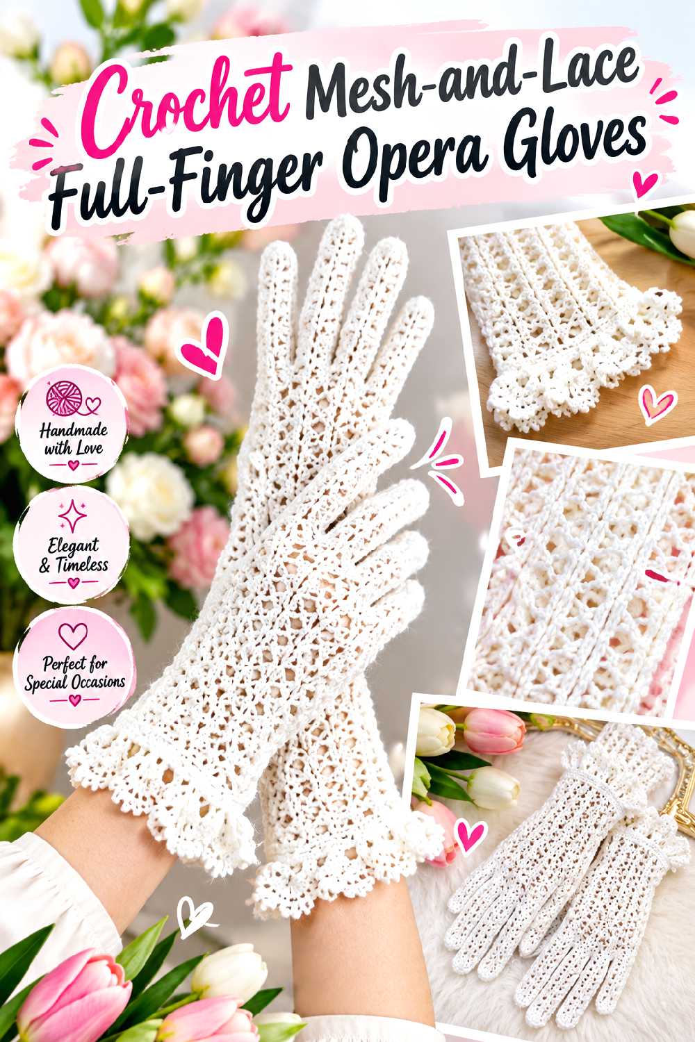 Crochet Mesh and Lace Full Finger Opera Gloves