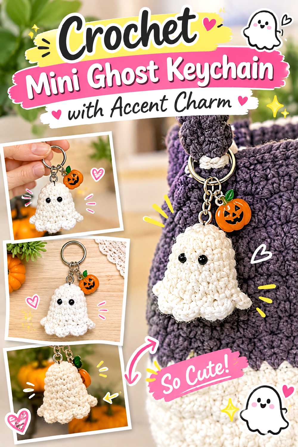 Crochet Mini Ghost Keychain with Accent Charm