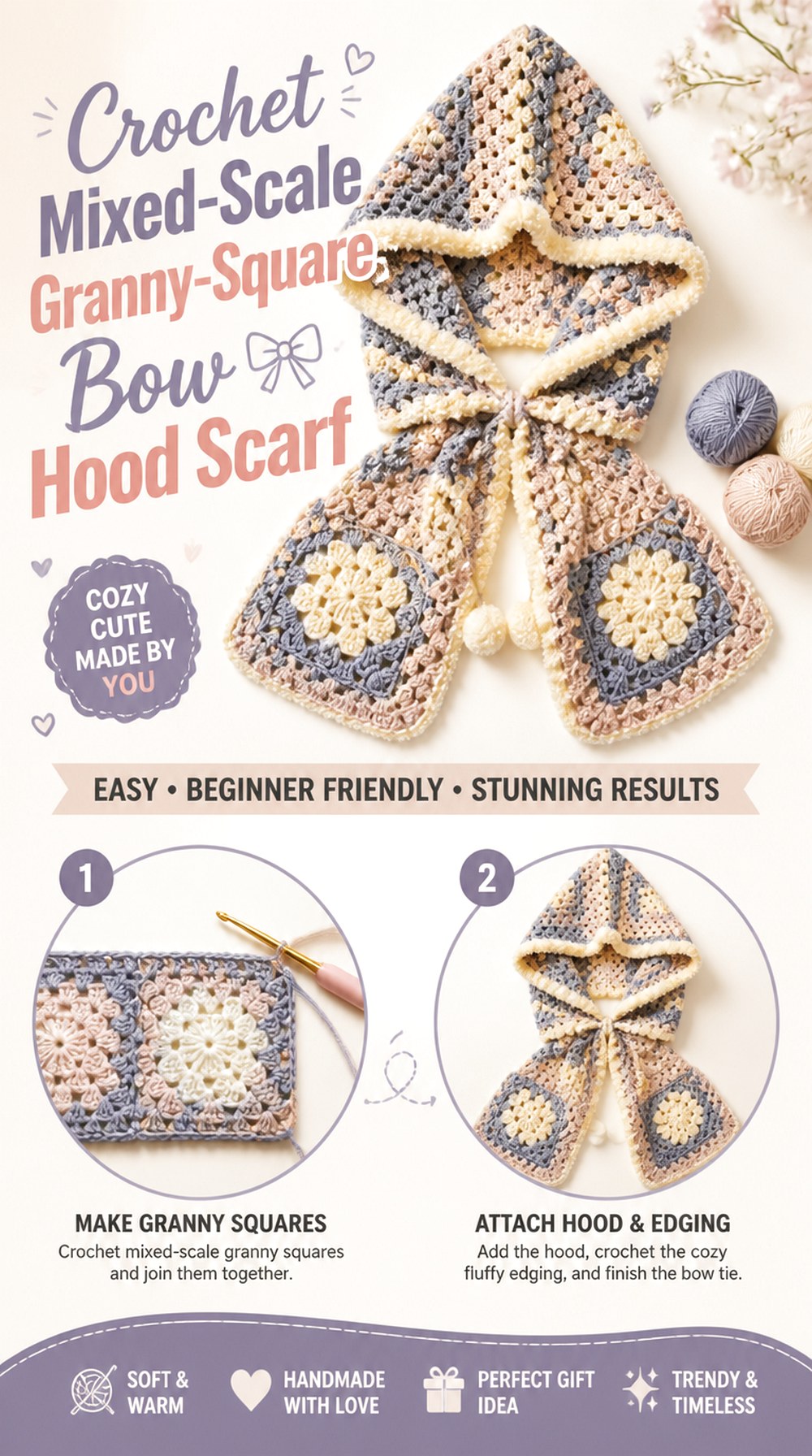 Crochet Mixed Scale Granny Square Bow Hood Scarf