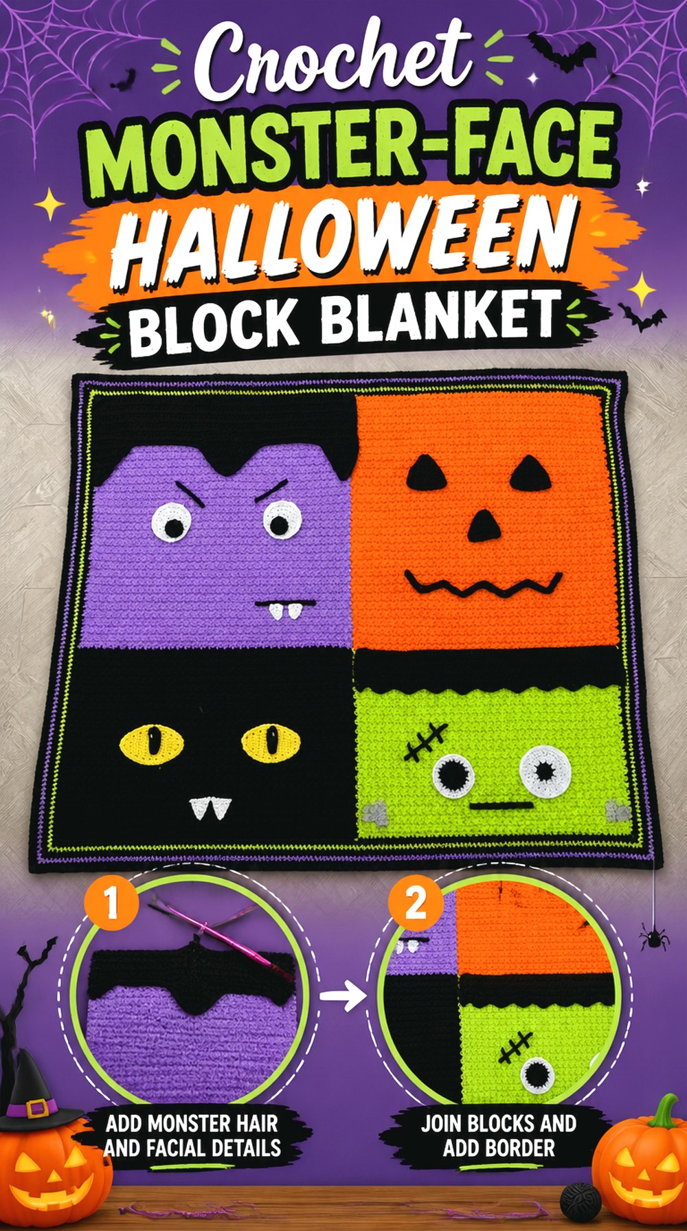 Crochet Monster Face Halloween Block Blanket