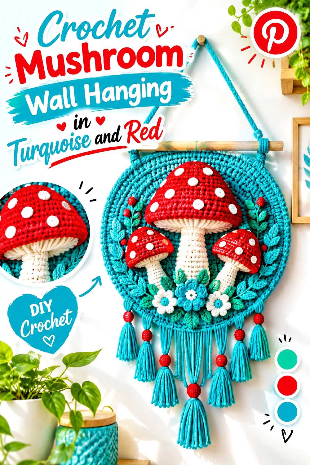Crochet Mushroom Wall Hanging in Turquoise and Red