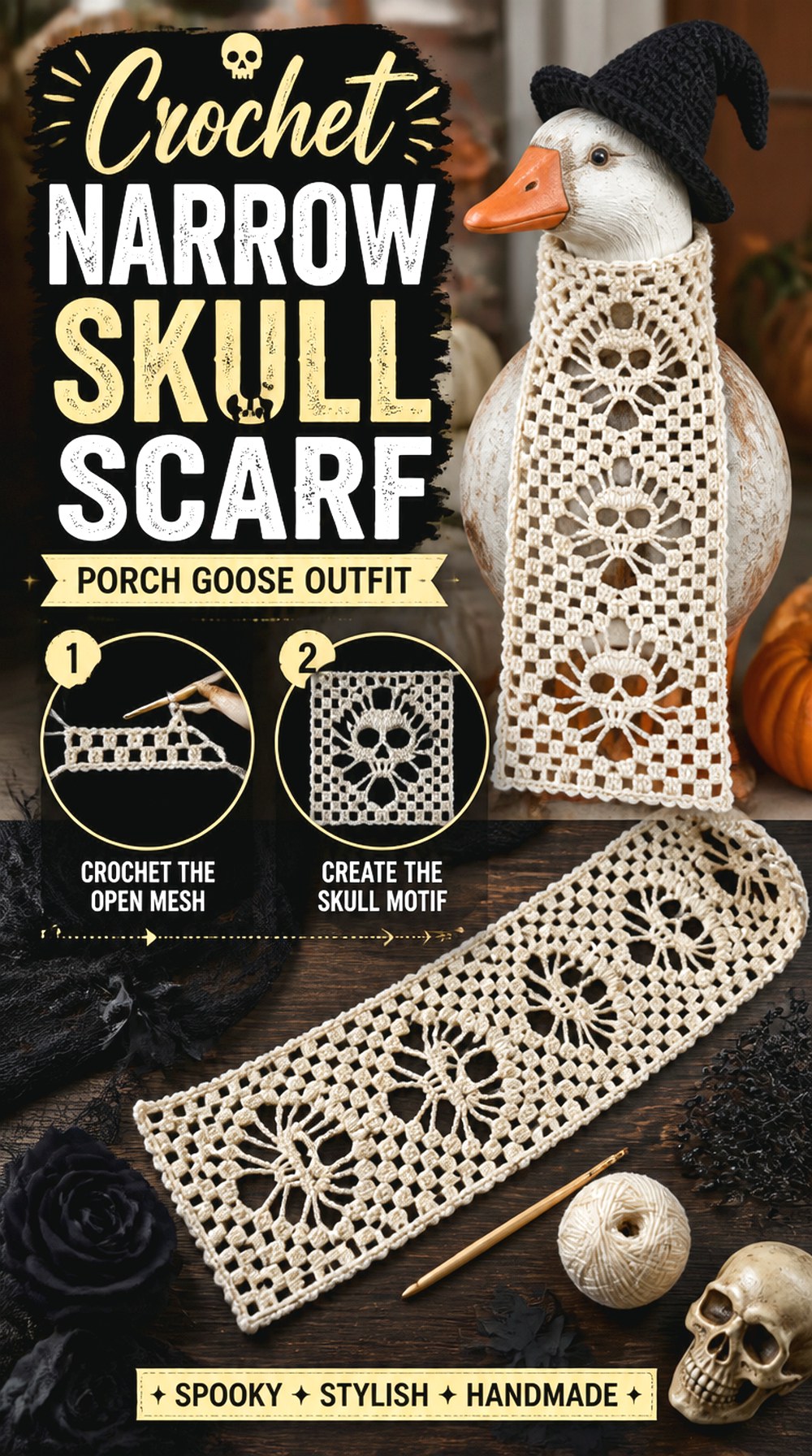 Crochet Narrow Skull Scarf Porch Goose Outfit
