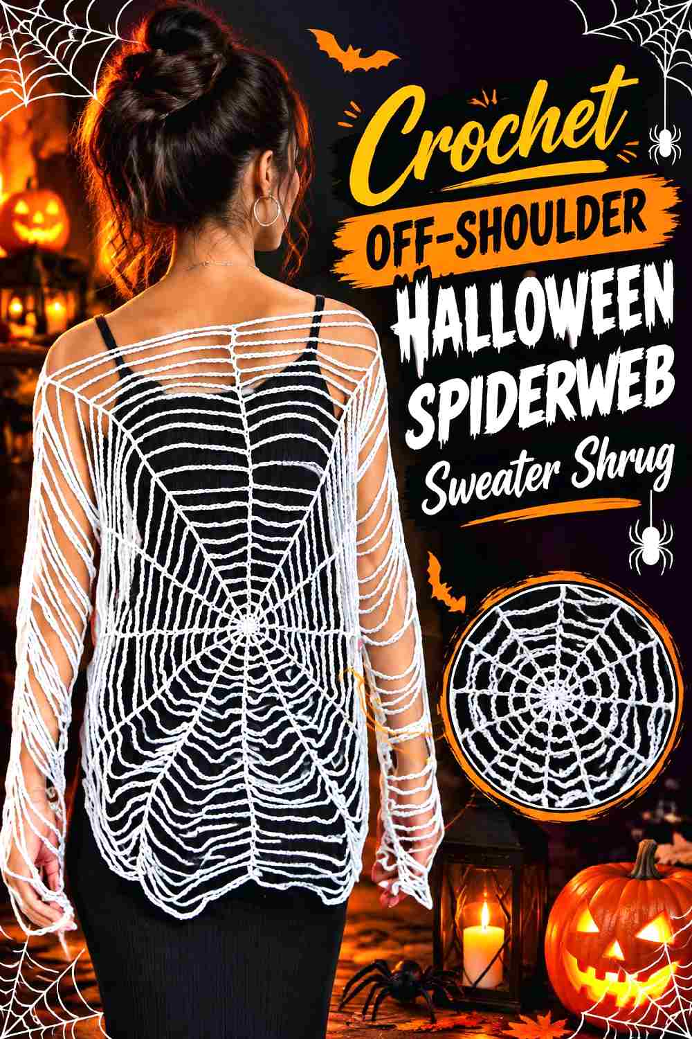 14. Crochet Off Shoulder Halloween Spiderweb Sweater Shrug