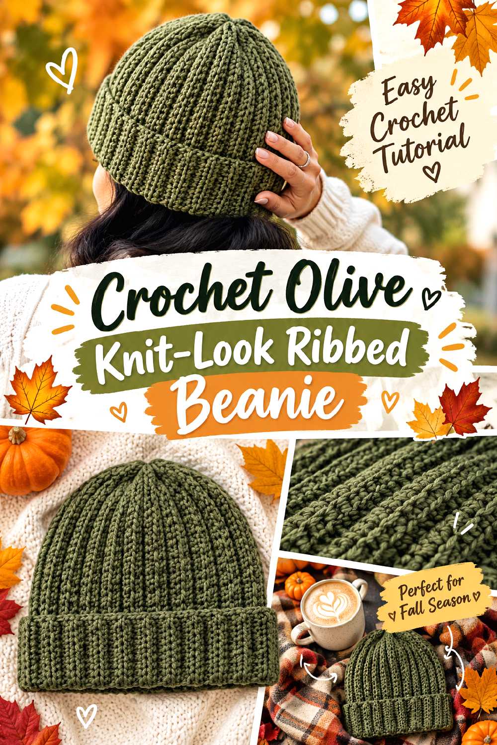 Crochet Olive Knit Look Ribbed Beanie
