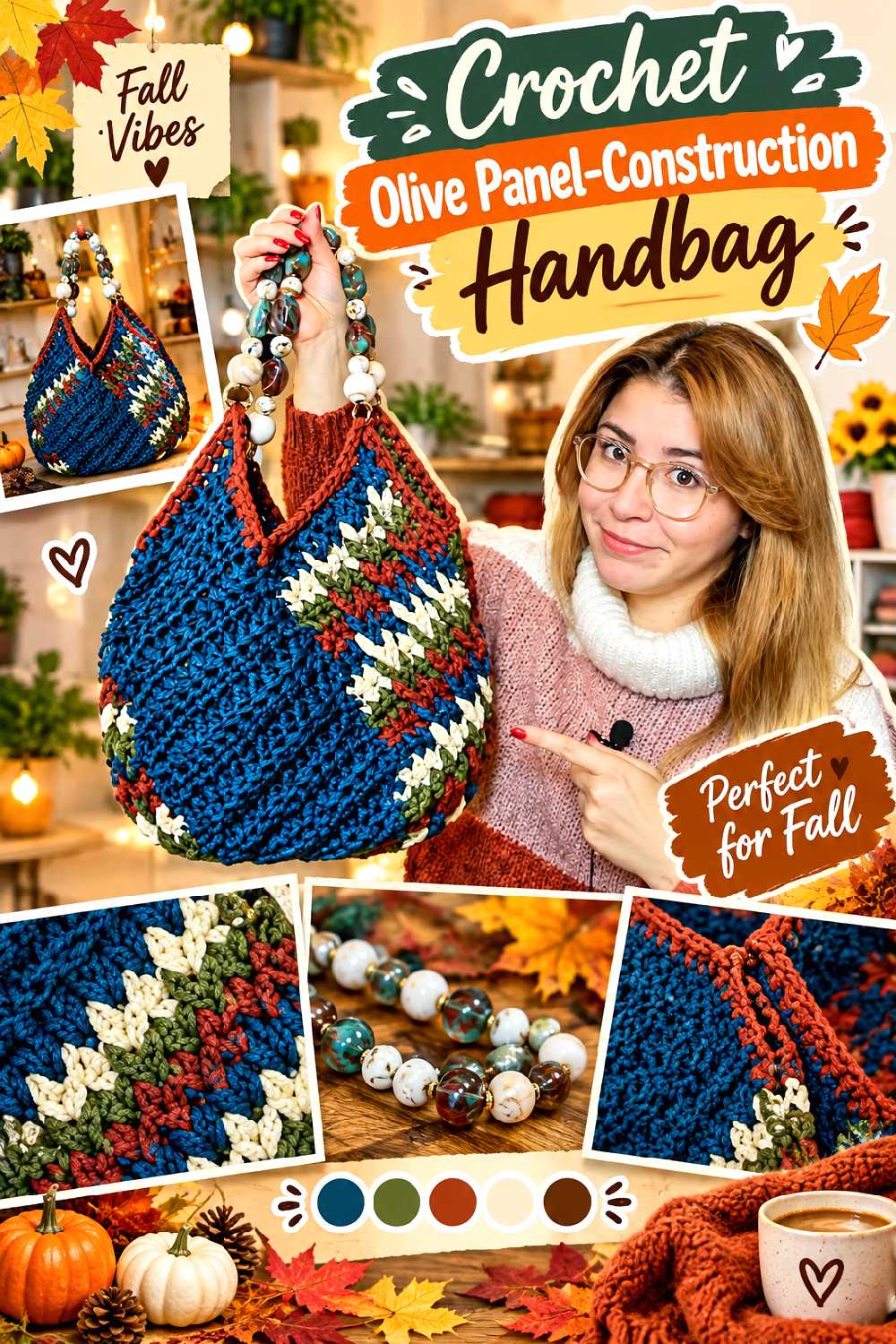 Crochet Olive Panel Construction Handbag