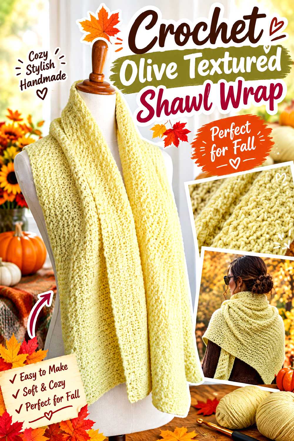 Crochet Olive Textured Shawl Wrap