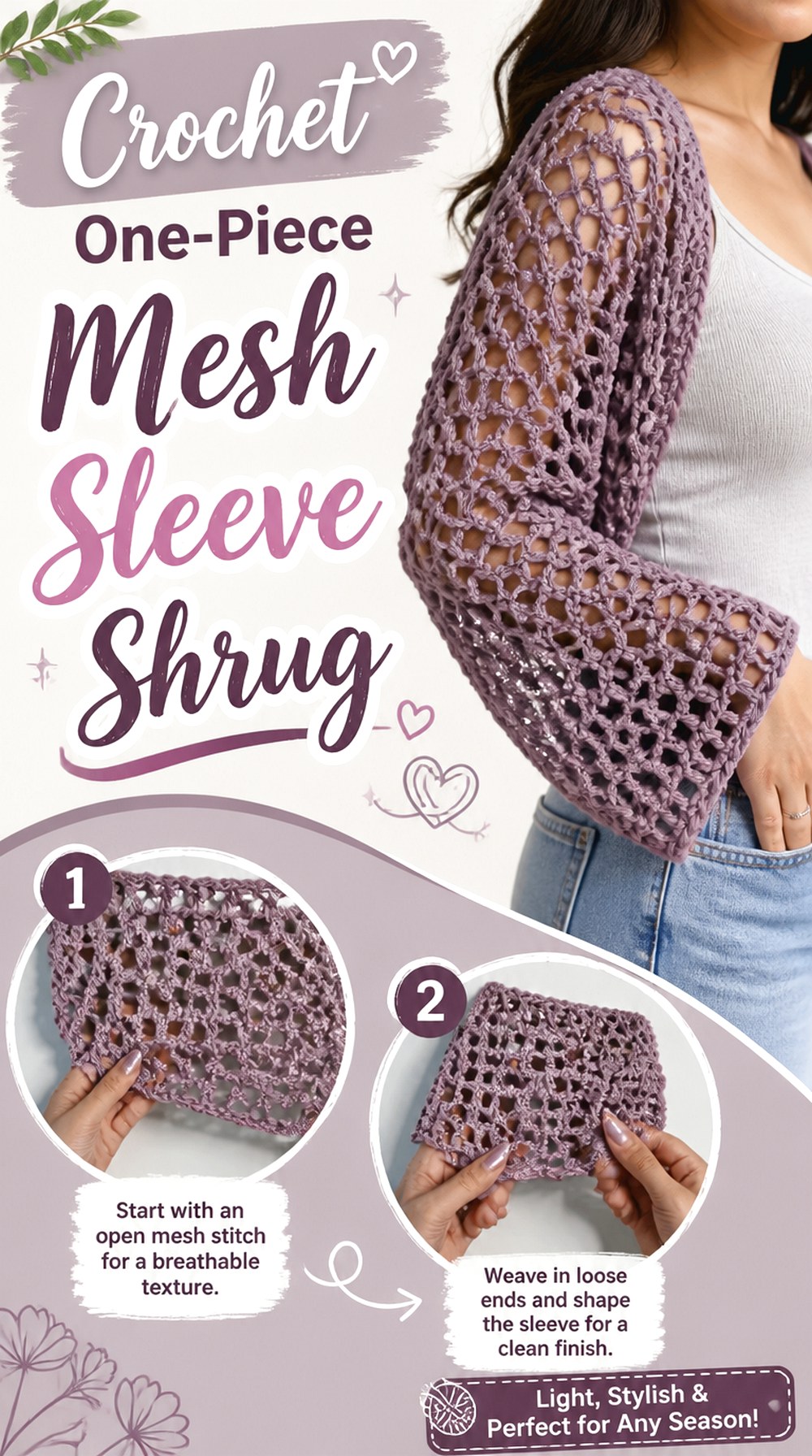 Crochet One Piece Mesh Sleeve Shrug