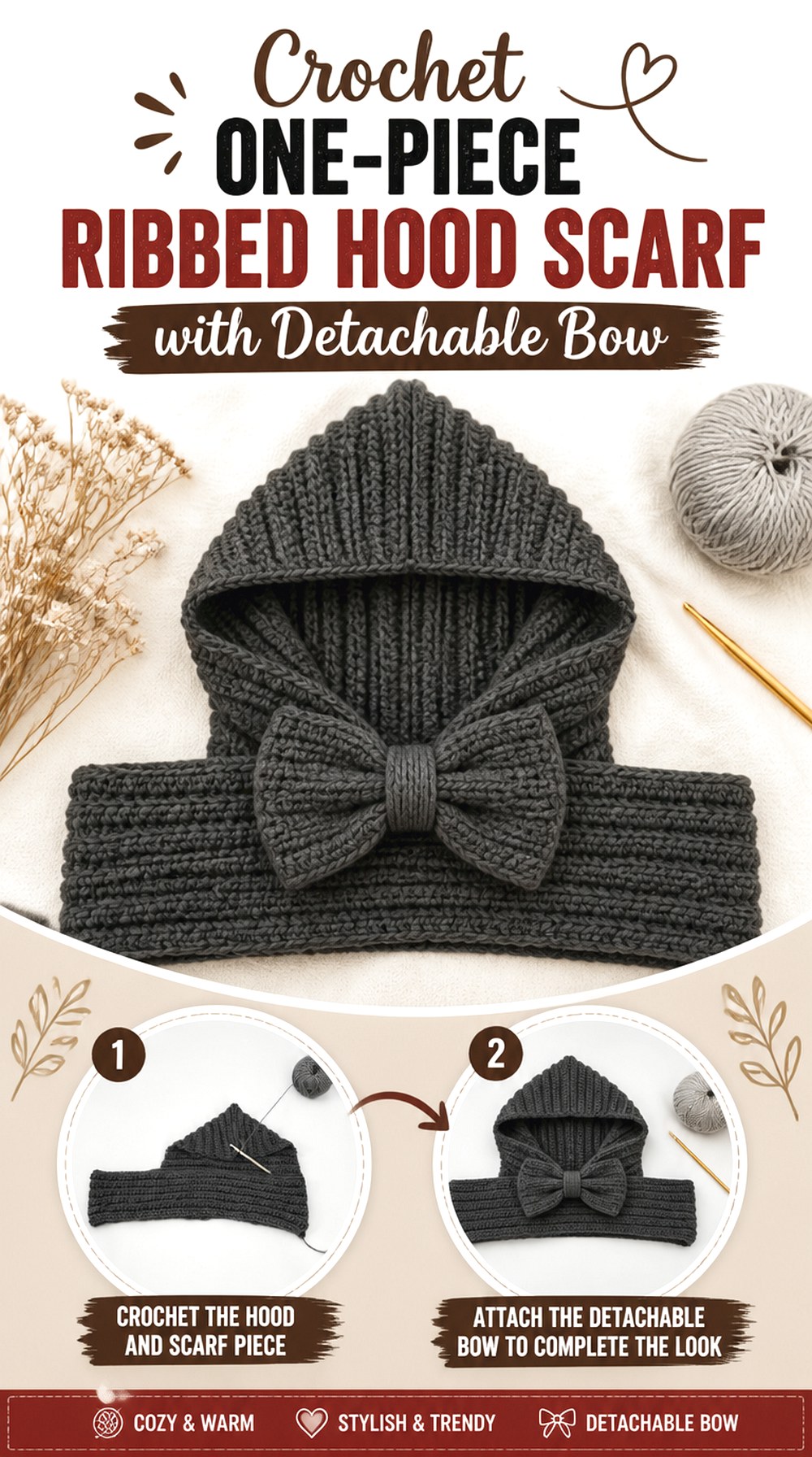 Crochet One Piece Ribbed Hood Scarf with Detachable Bow