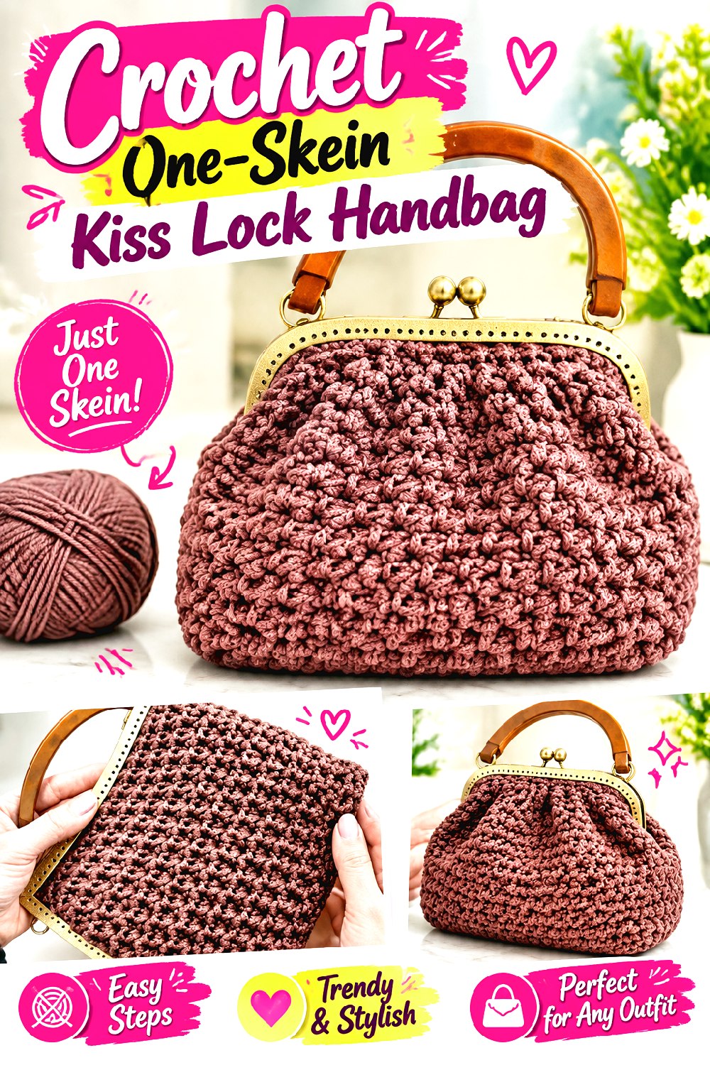 Crochet One Skein Kiss Lock Handbag