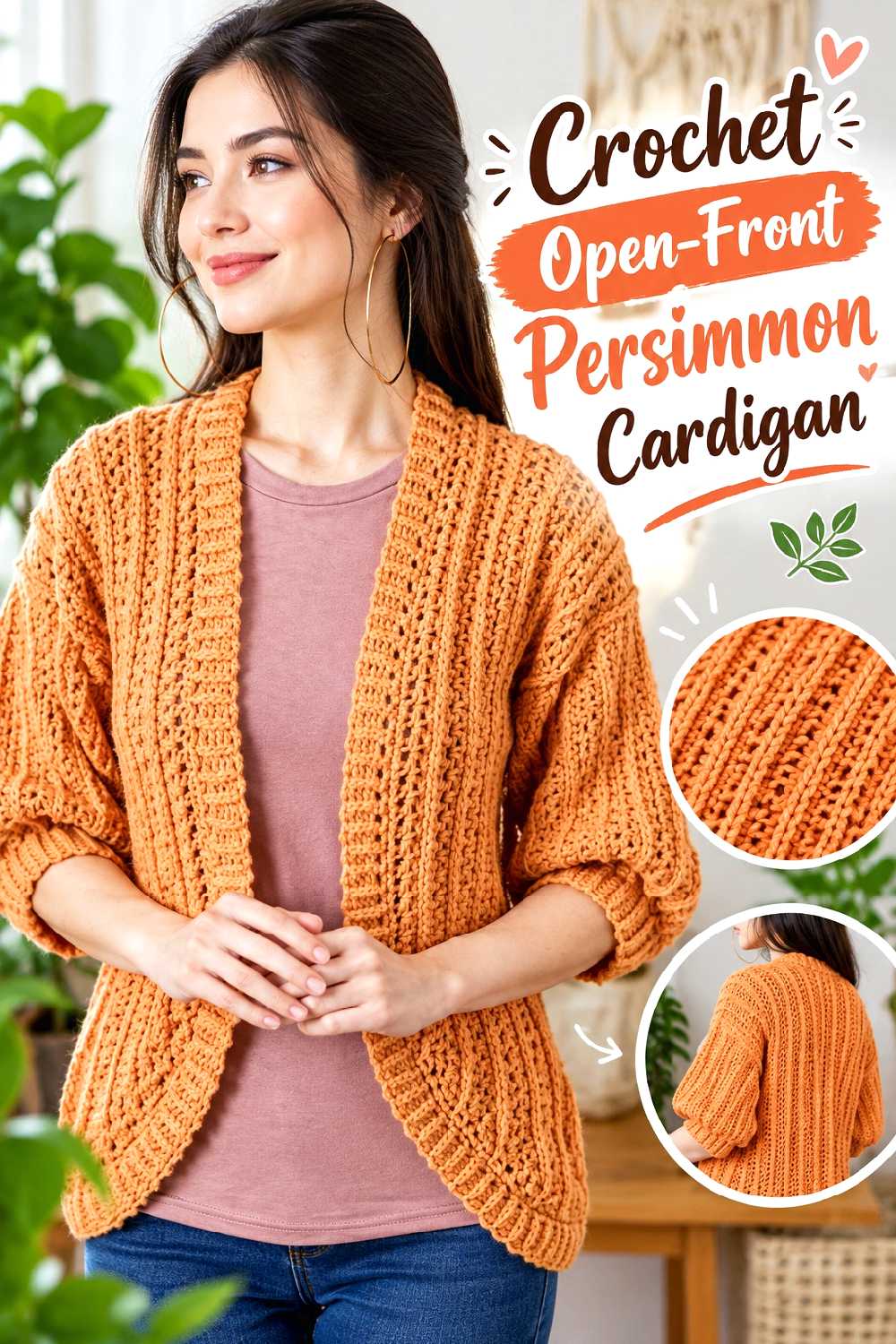 6. Crochet Open Front Persimmon Cardigan