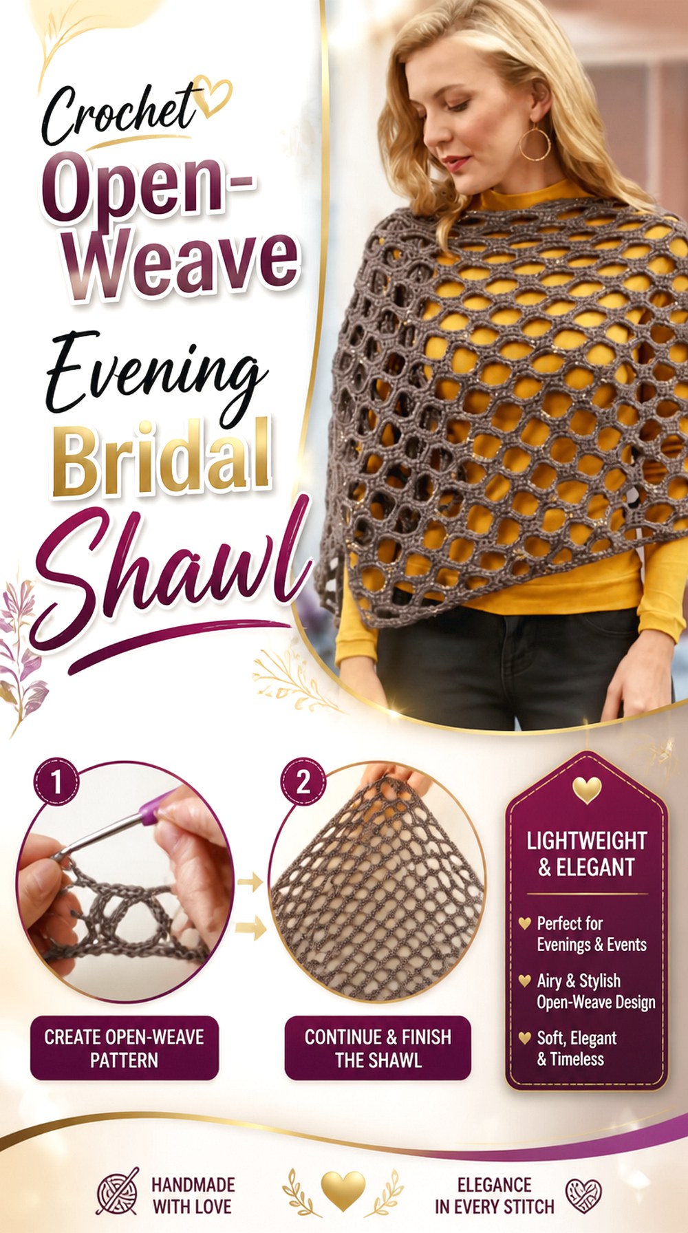 Crochet Open Weave Evening Bridal Shawl