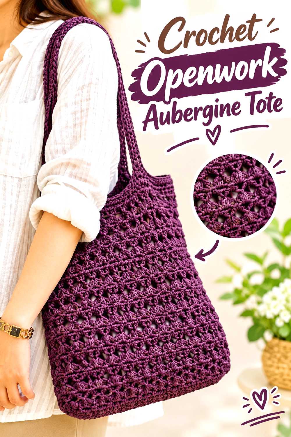 13. Crochet Openwork Aubergine Tote