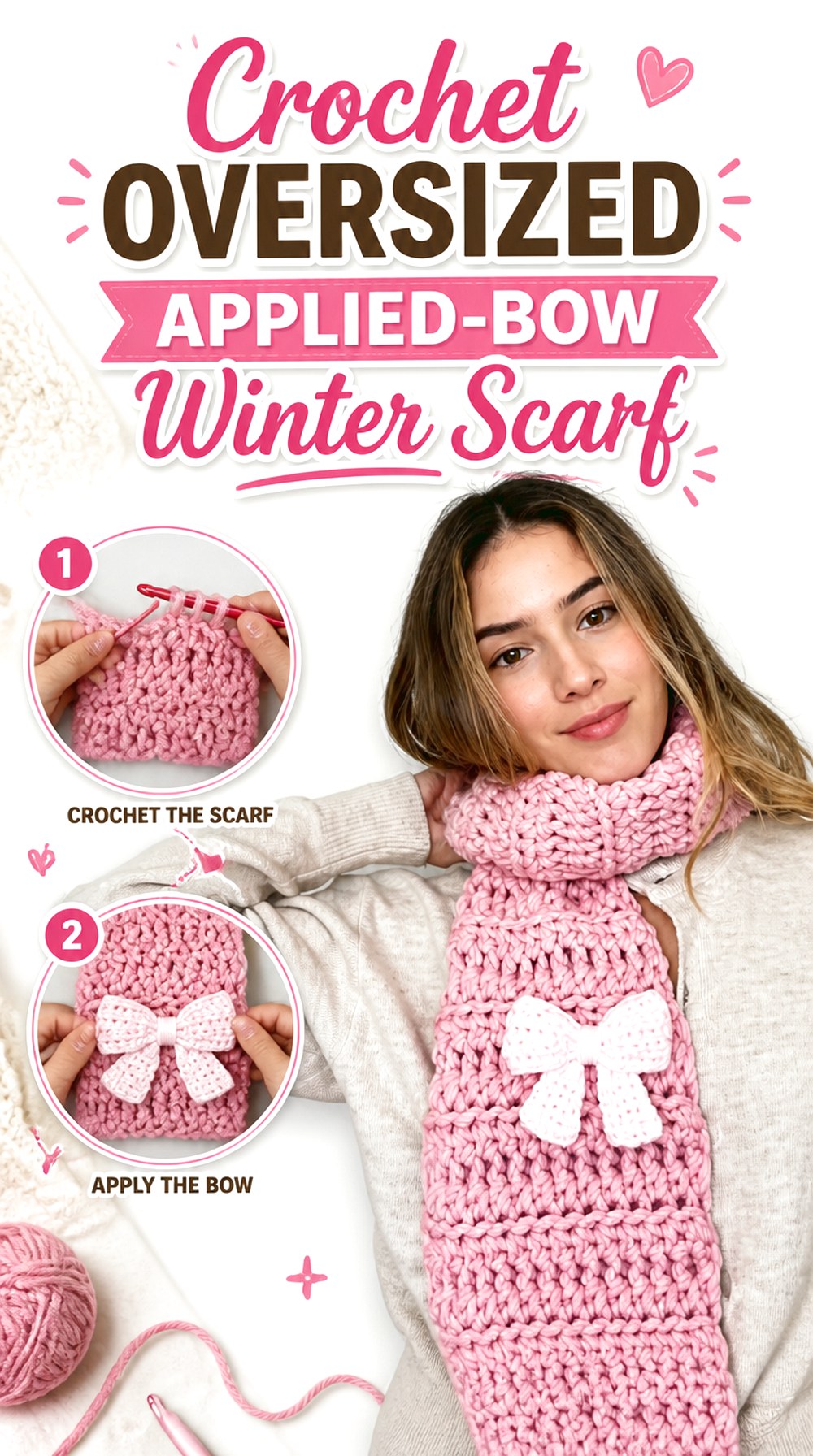 Crochet Oversized Applied Bow Winter Scarf