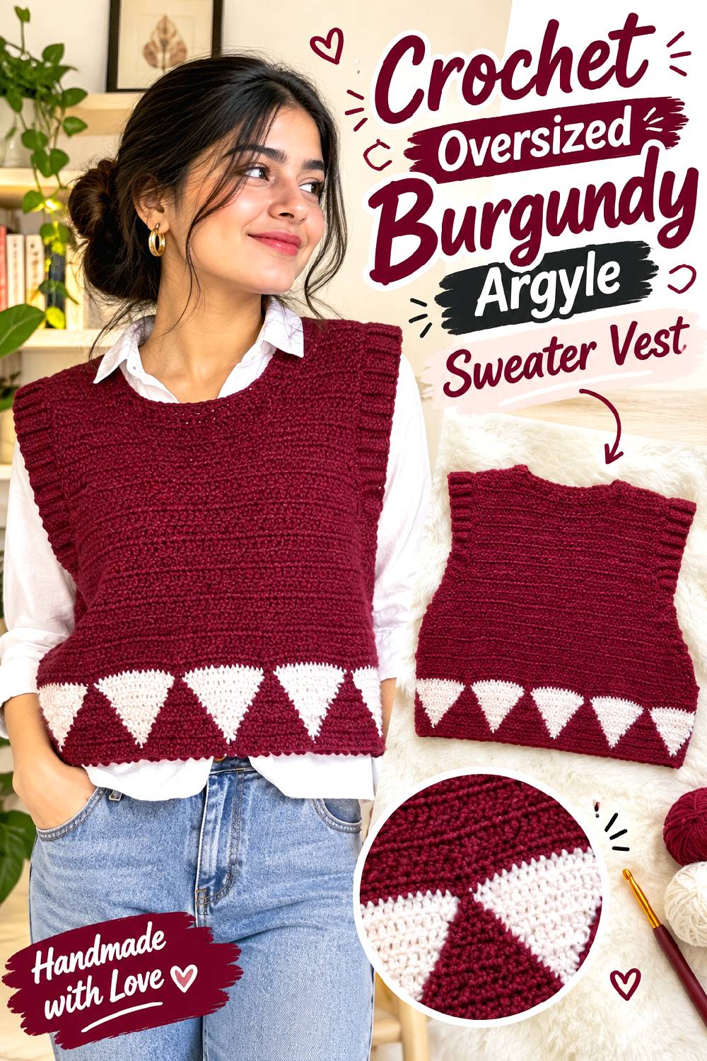 Crochet Oversized Burgundy Argyle Sweater Vest