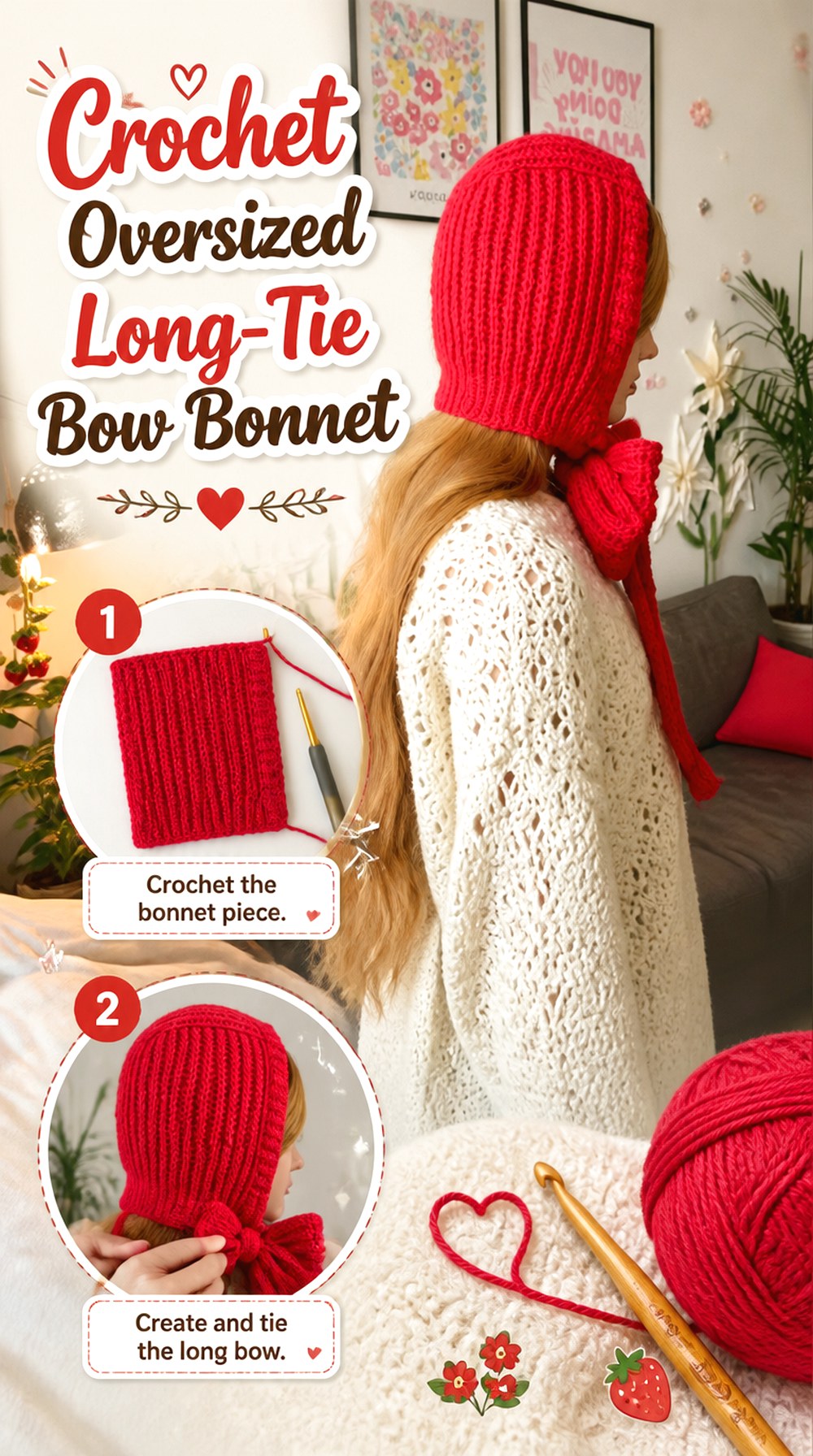 Crochet Oversized Long Tie Bow Bonnet
