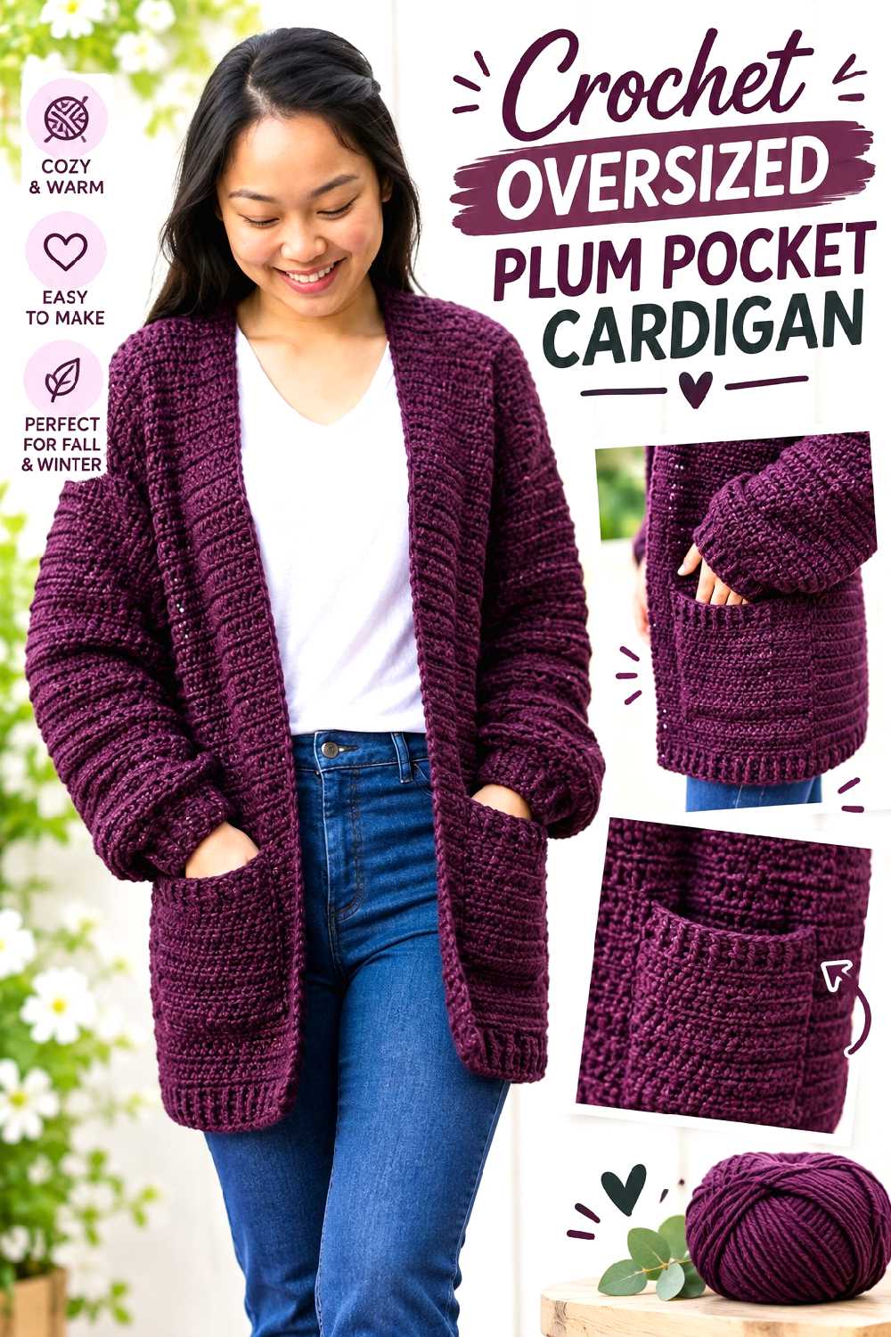 1. Crochet Oversized Plum Pocket Cardigan