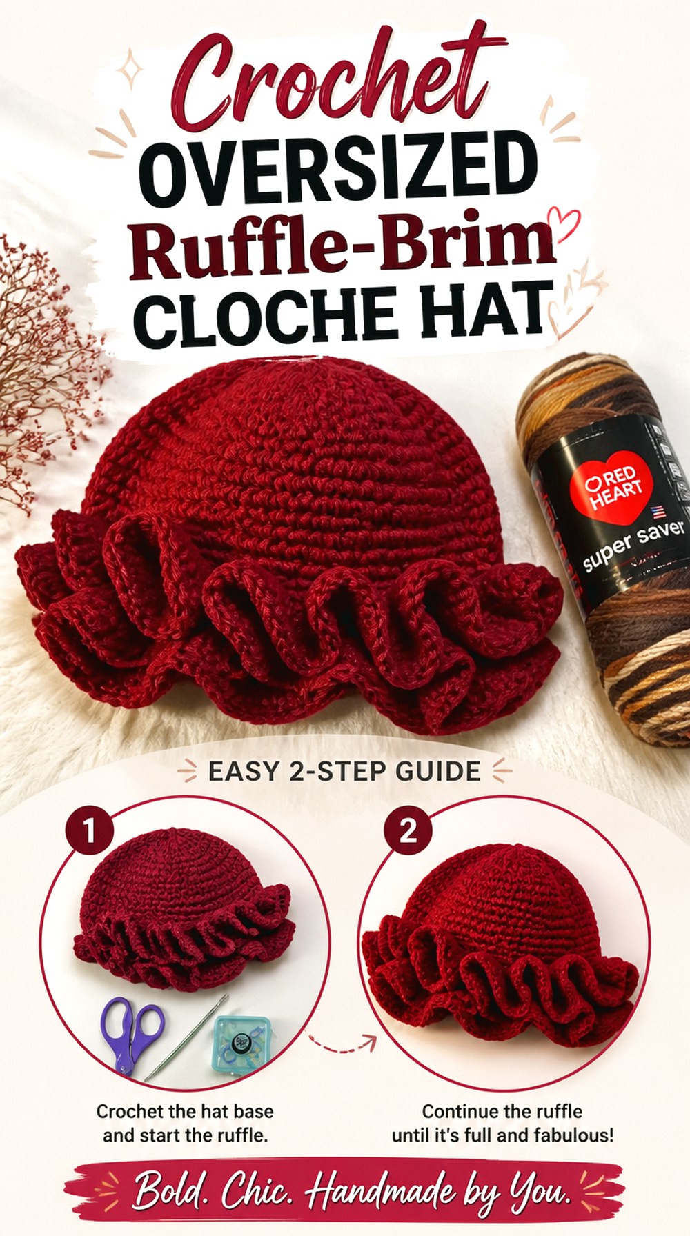 Crochet Oversized Ruffle Brim Cloche Hat