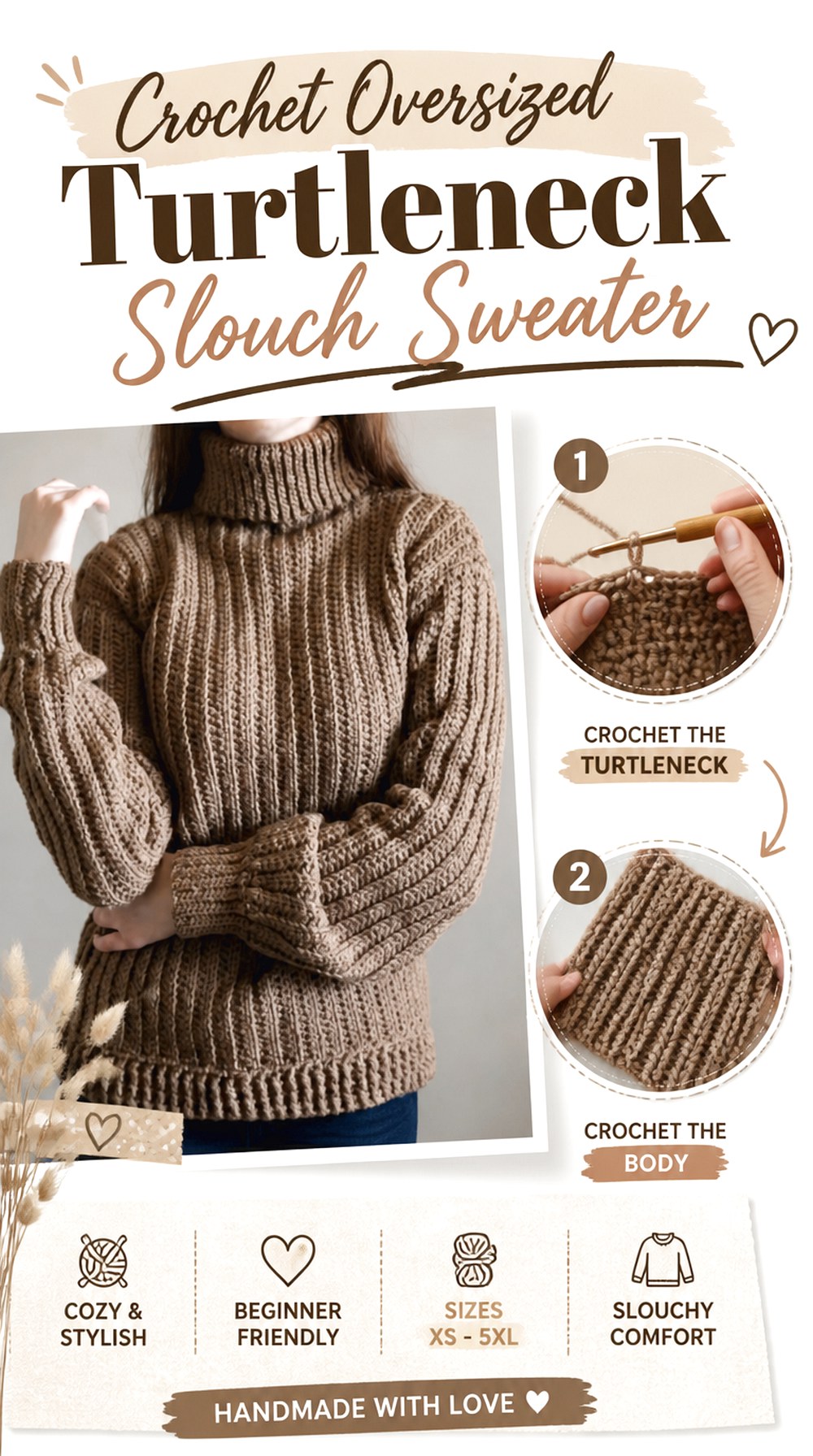Crochet Oversized Turtleneck Slouch Sweater