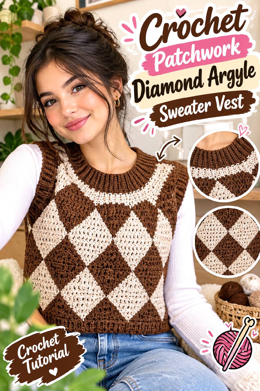 Crochet Patchwork Diamond Argyle Sweater Vest