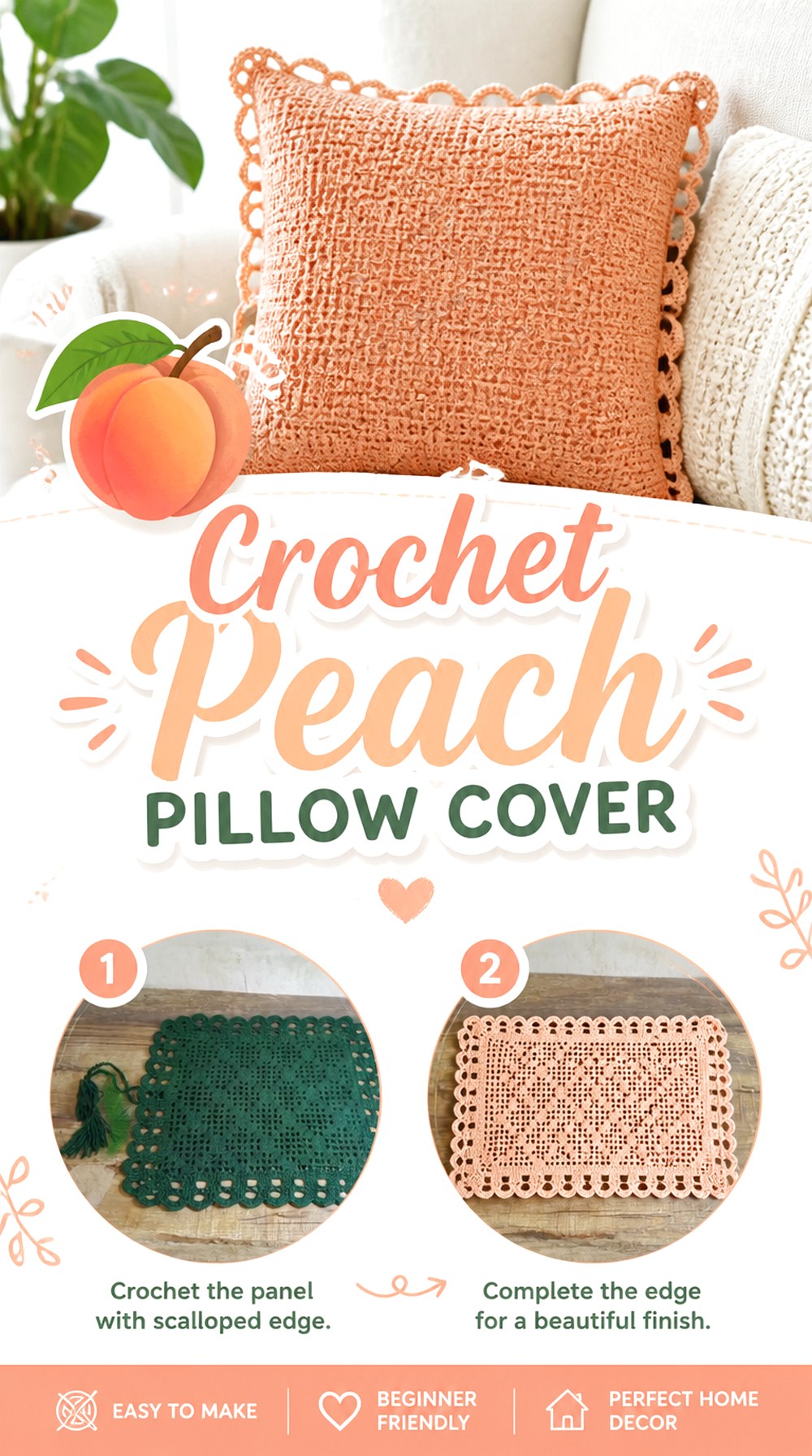 Crochet Peach Pillow Cover