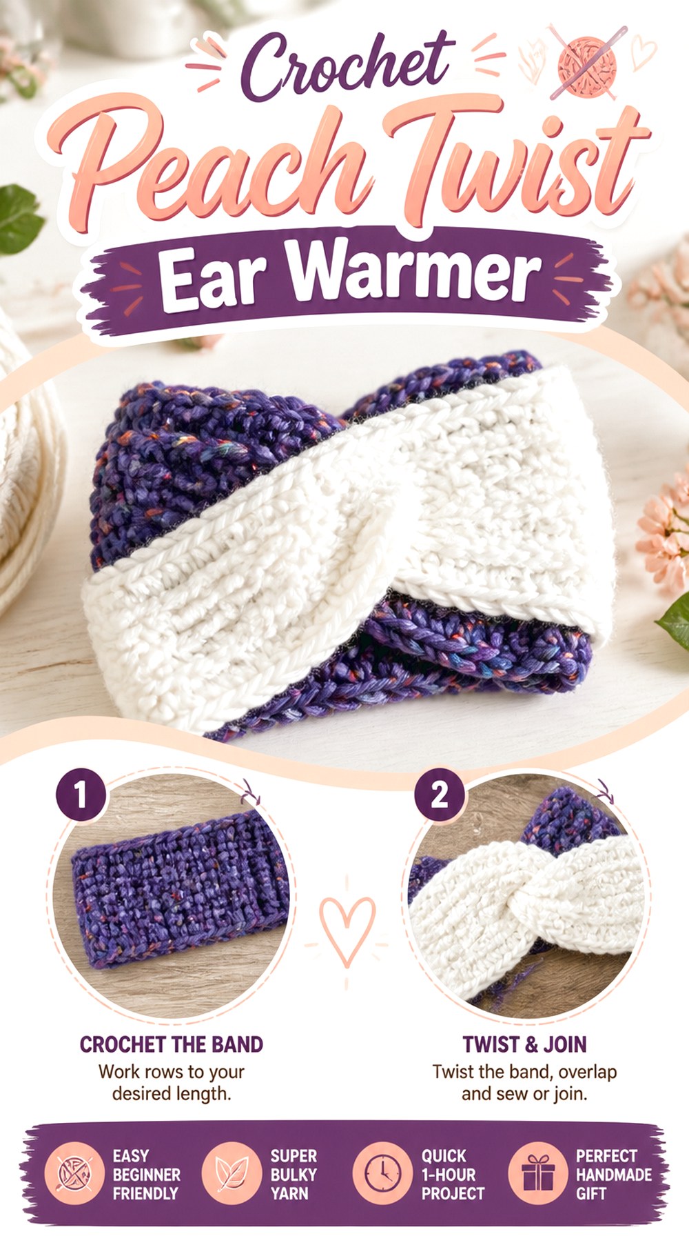Crochet Peach Twist Ear Warmer
