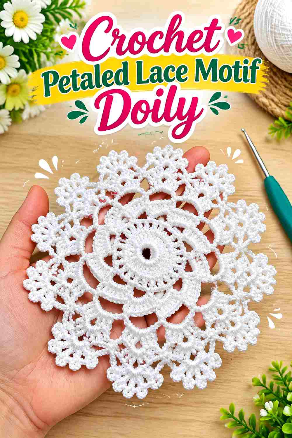 26. Crochet Petaled Lace Motif Doily