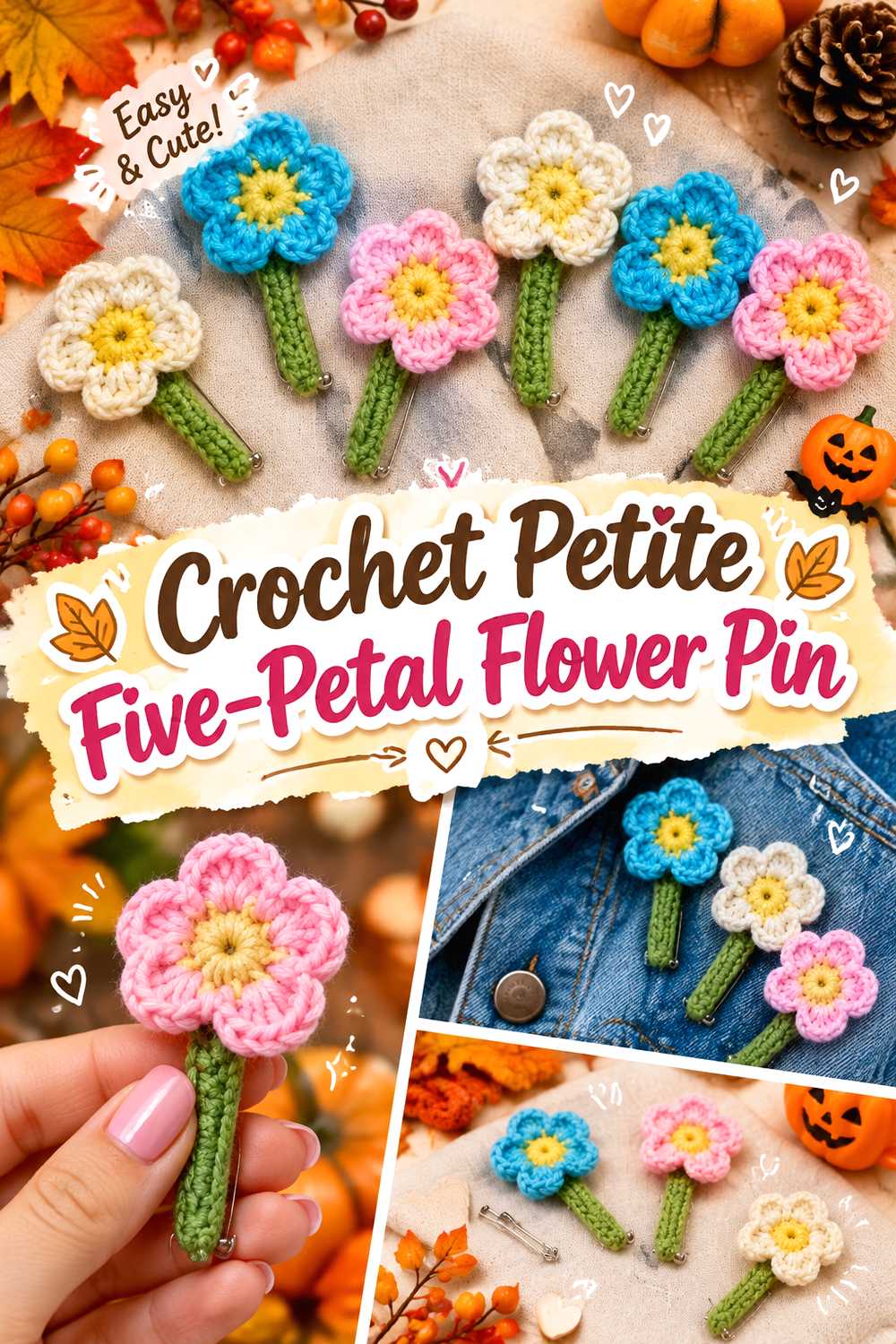 Crochet Petite Five Petal Flower Pin