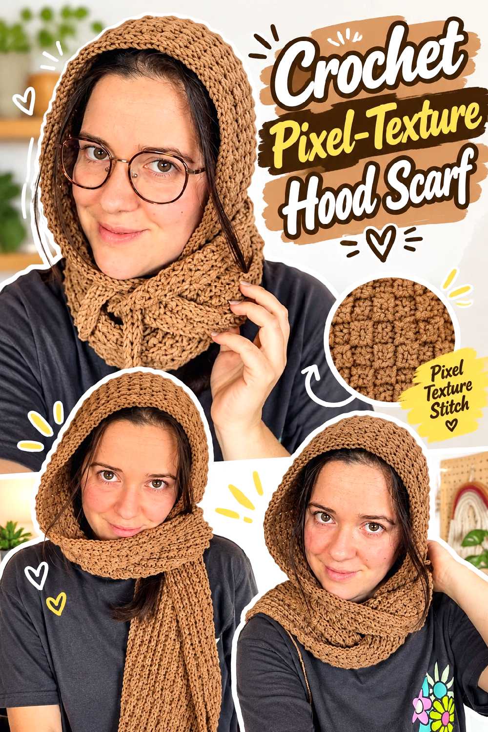 2. Crochet Pixel Texture Hood Scarf