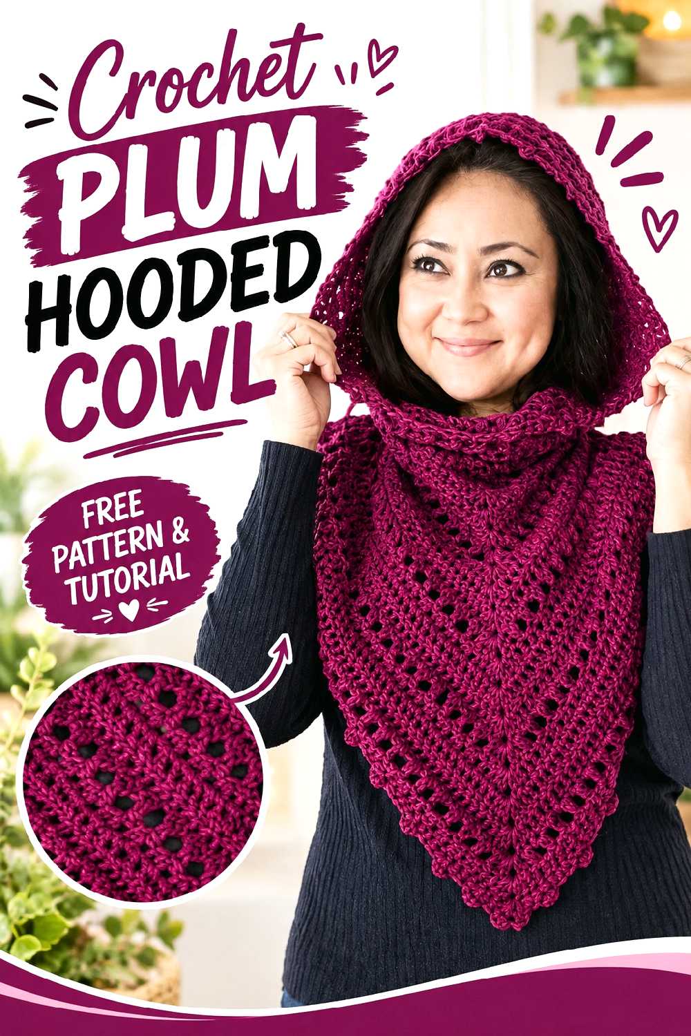 7. Crochet Plum Hooded Cowl