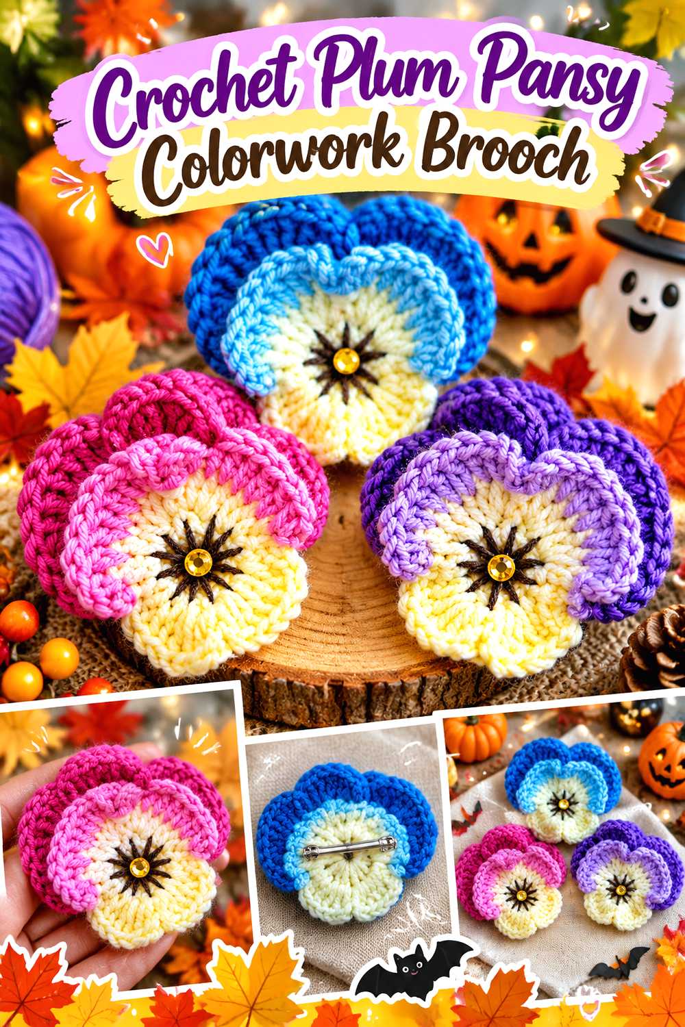 Crochet Plum Pansy Colorwork Brooch