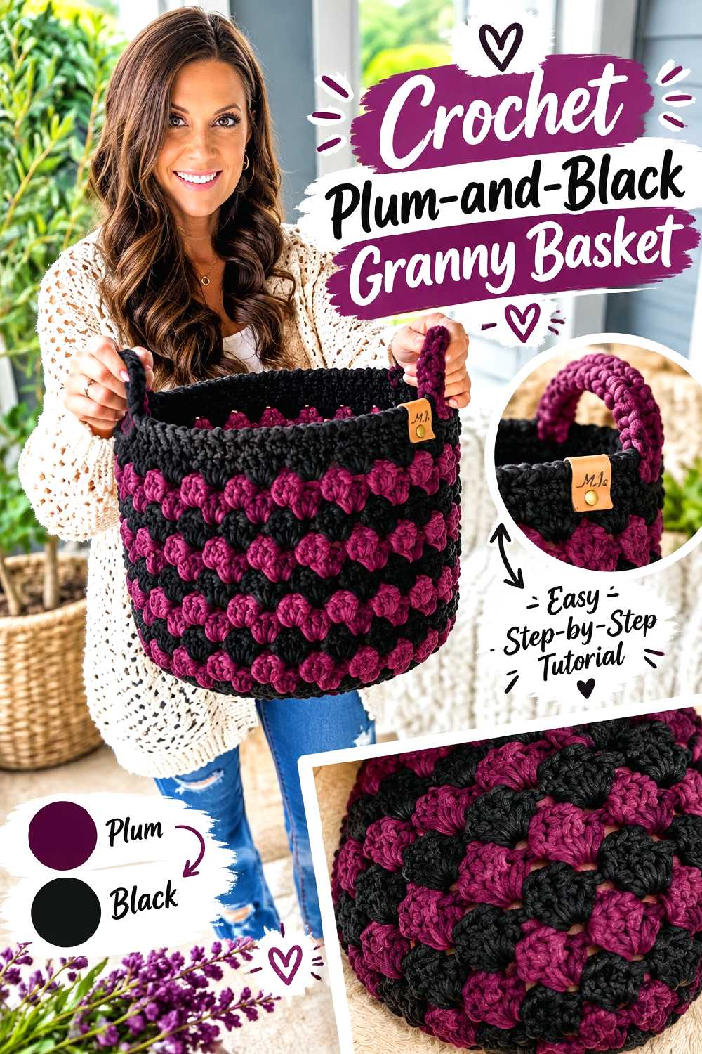 16. Crochet Plum And Black Granny Basket