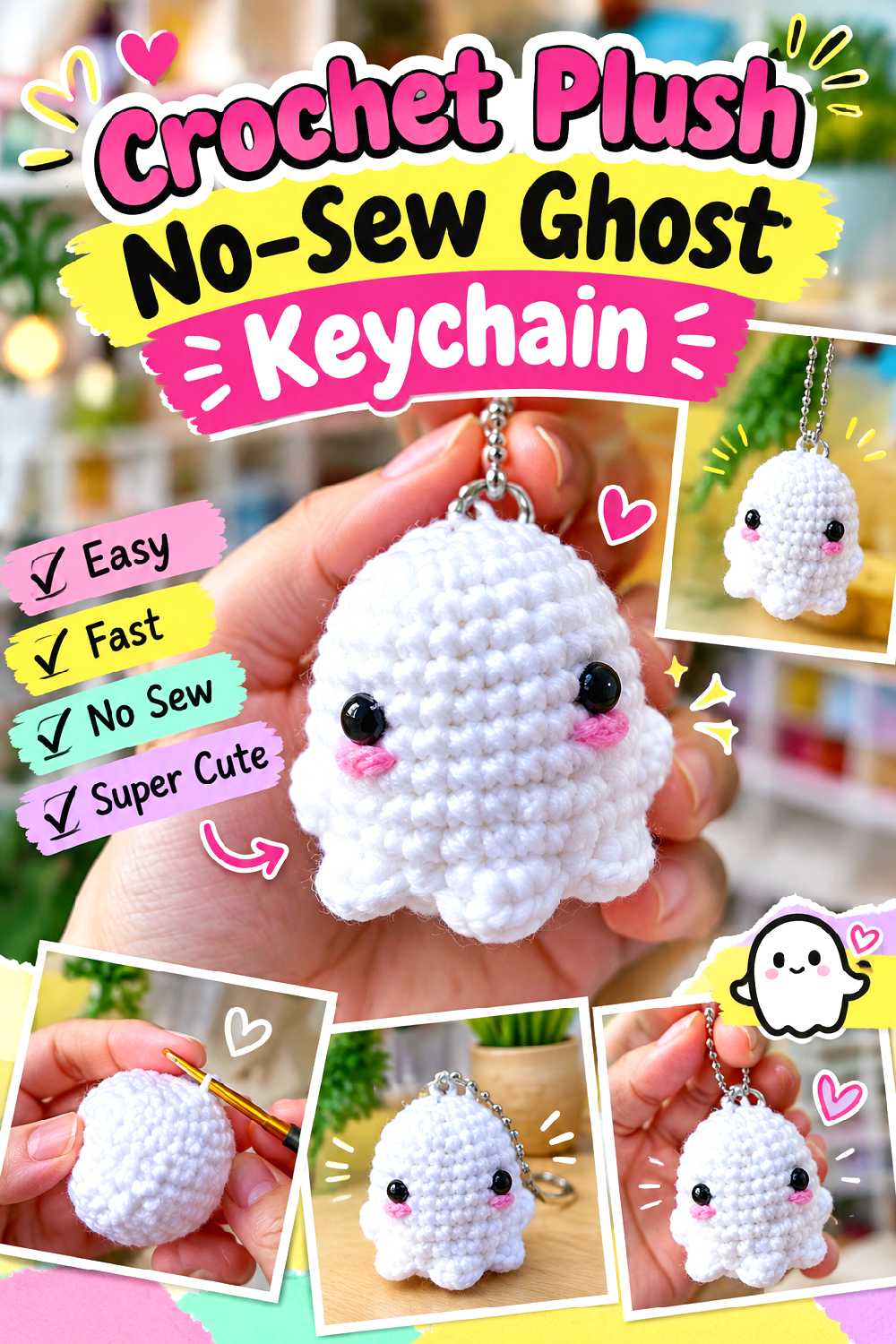 Crochet Plush No Sew Ghost Keychain